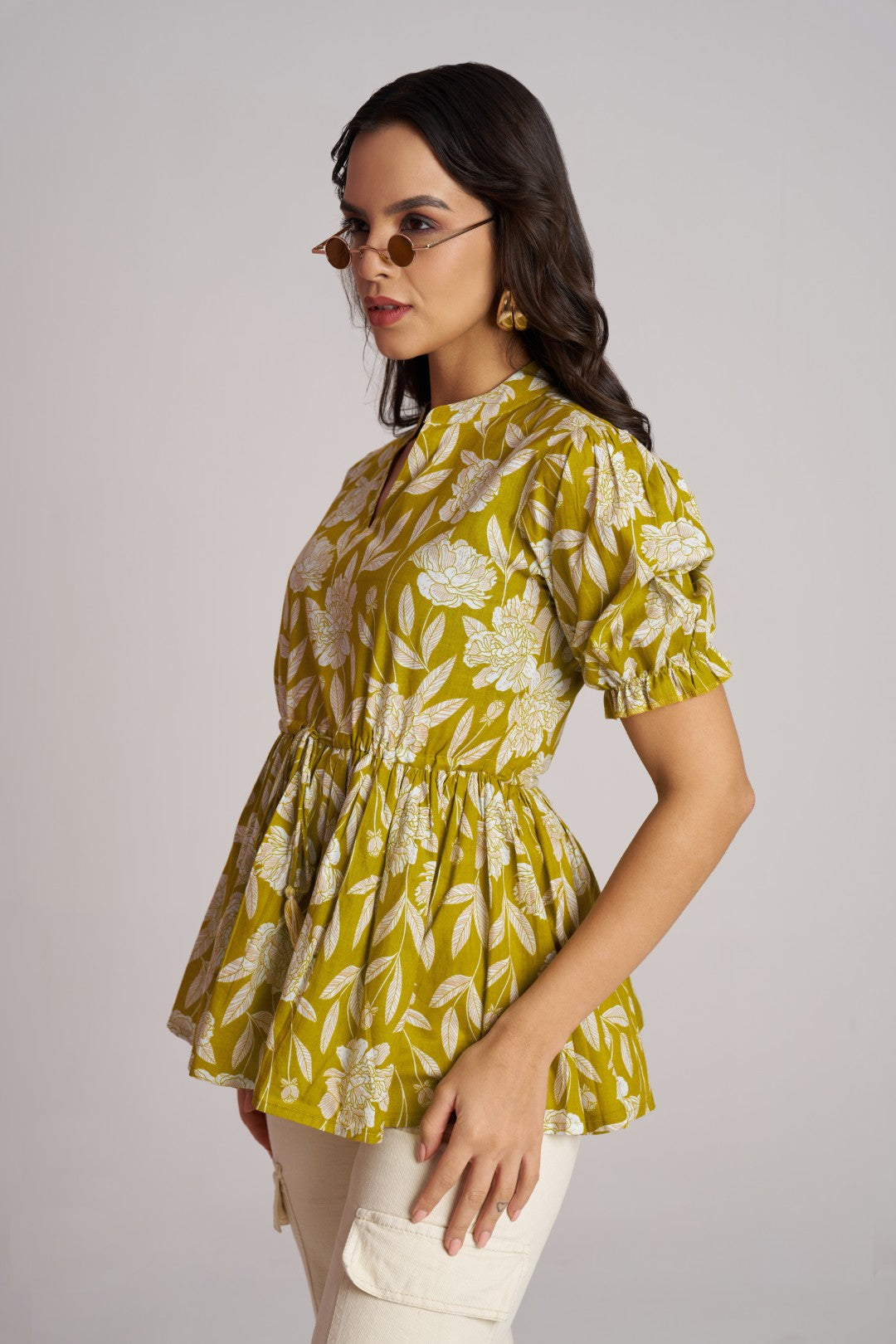 Olive Bloom Puff Sleeve Peplum Top