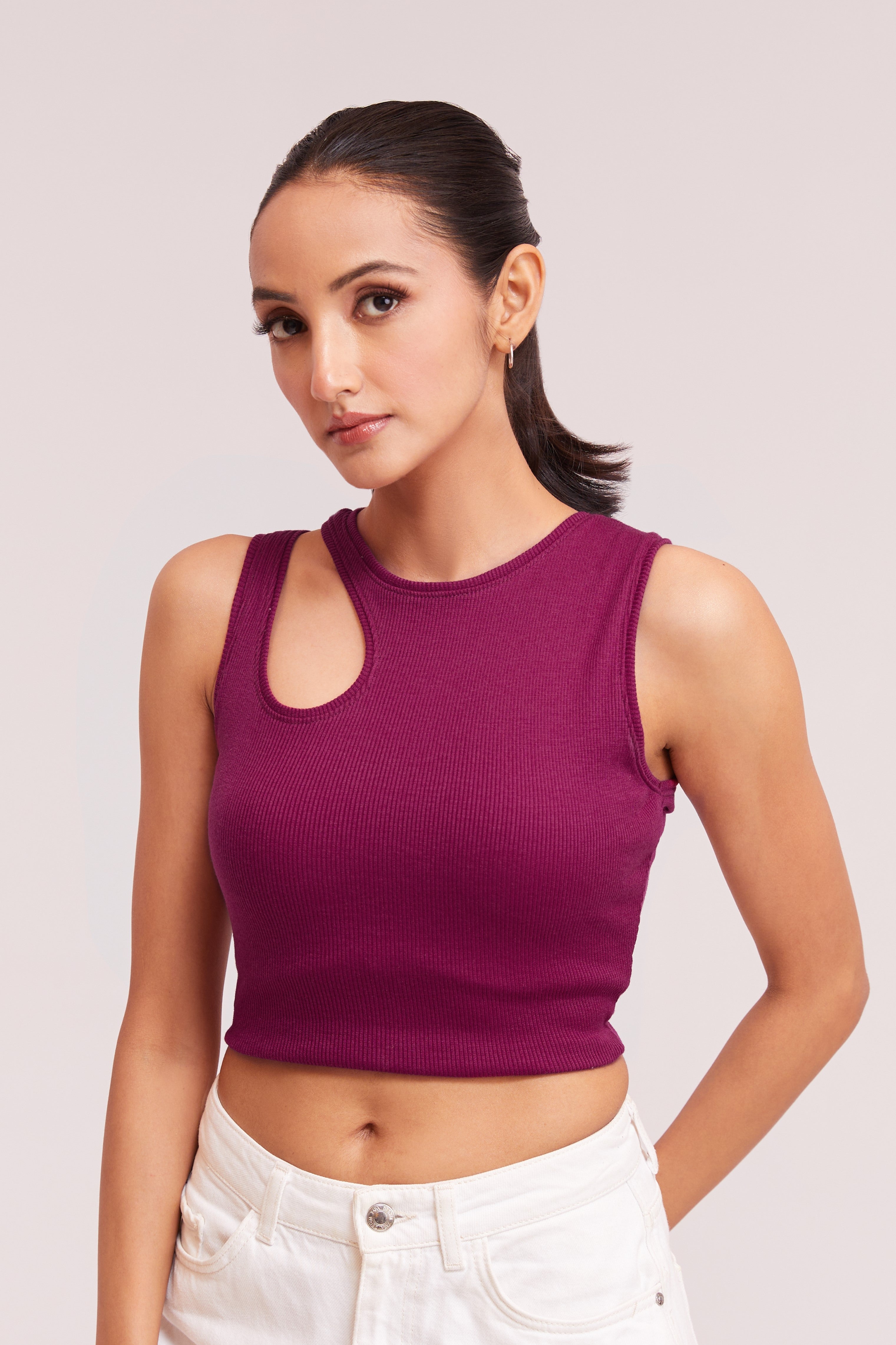 Lavender-Ribbed Sleeveless Cut-Out Tank Top