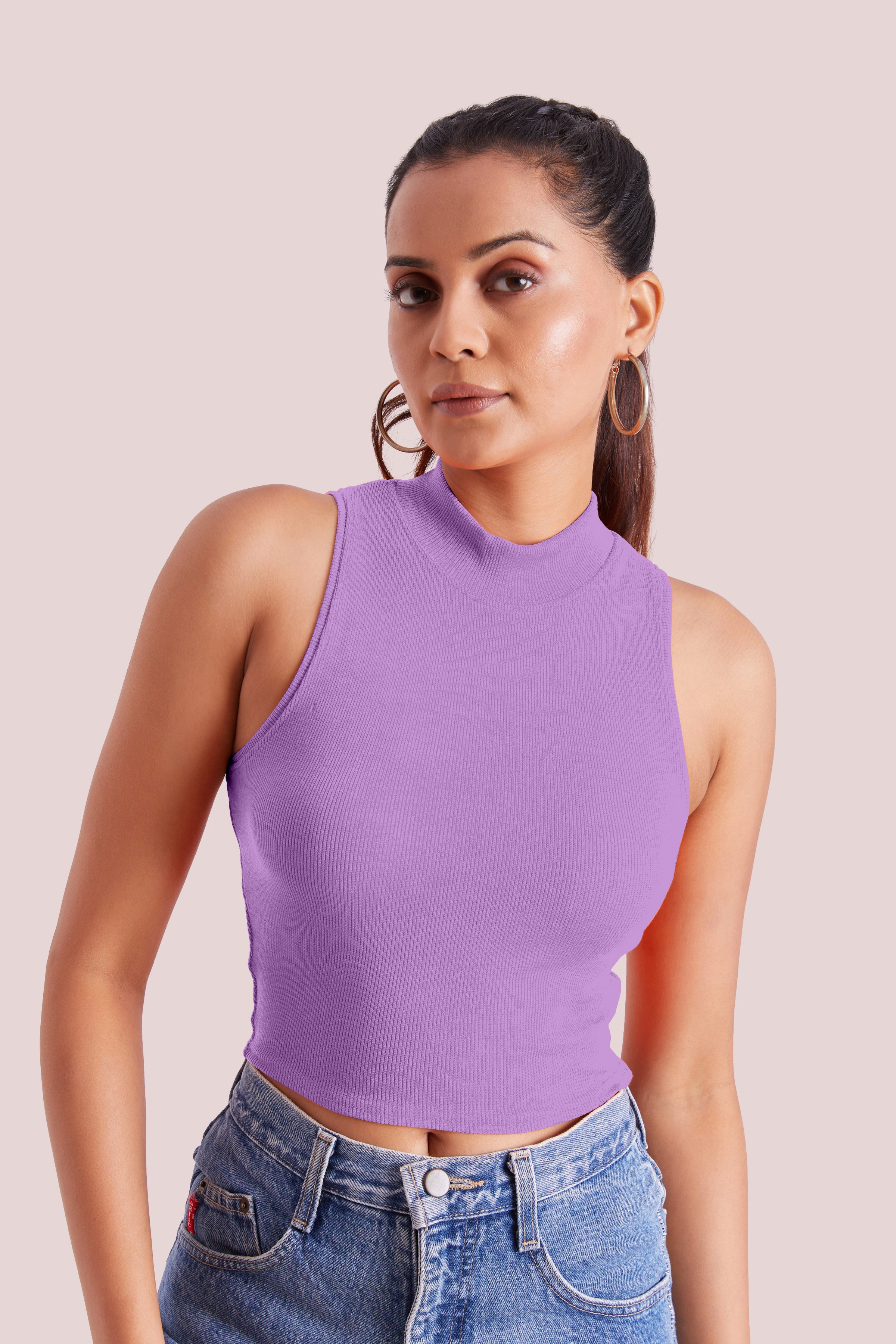 Levander Ribbed High Neck Sleeveless Crop Top
