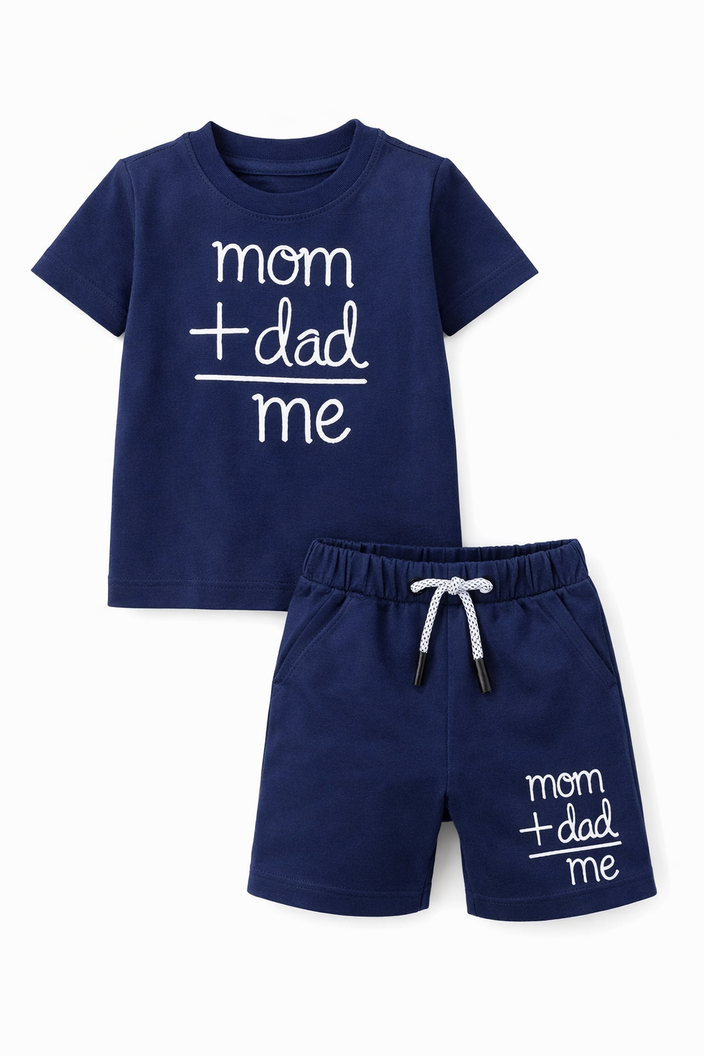 Kids Cotton Co-ord Set – Mom + Dad = Me Print | Navy Blue T-shirt & Shorts Set