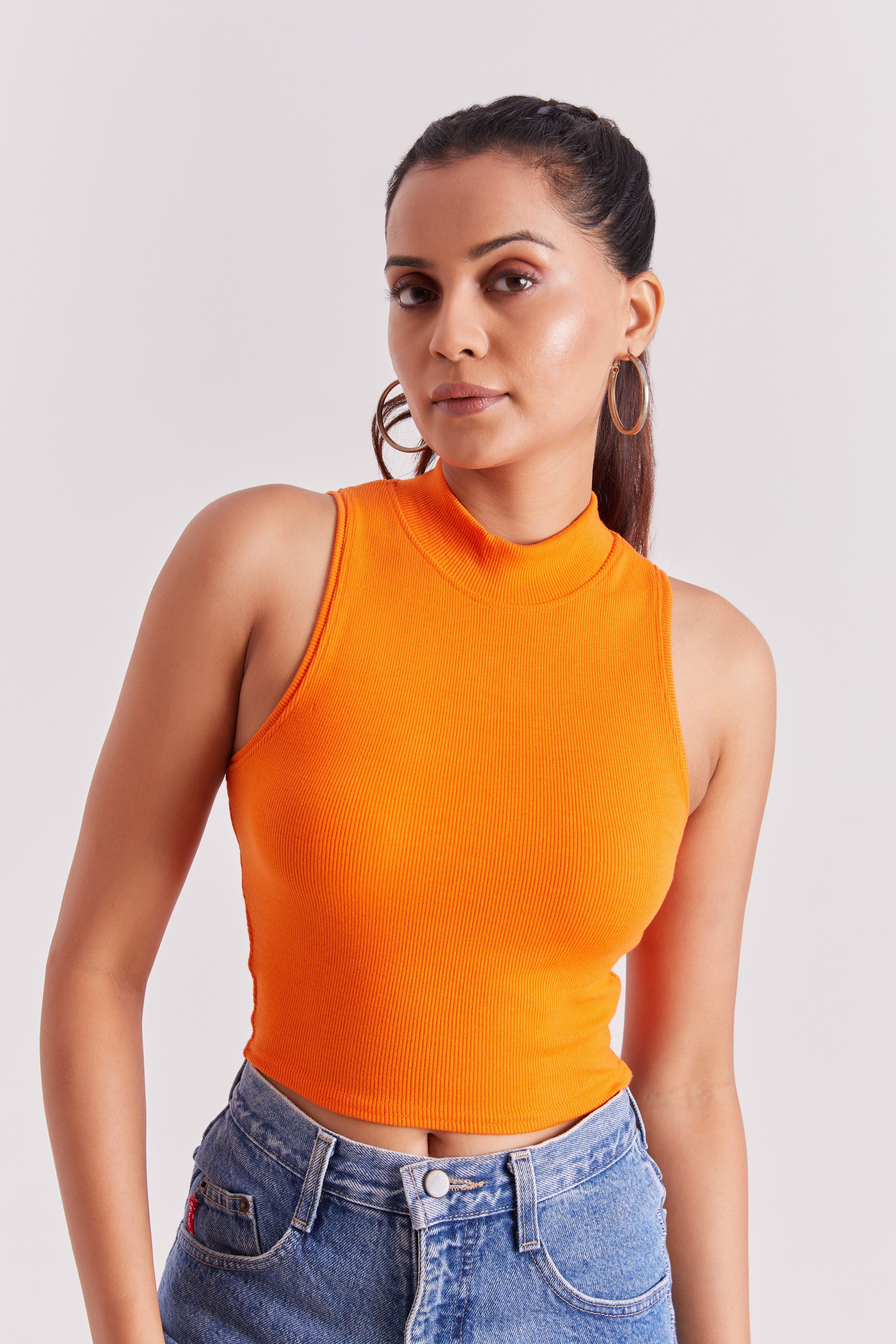 Levander Ribbed High Neck Sleeveless Crop Top