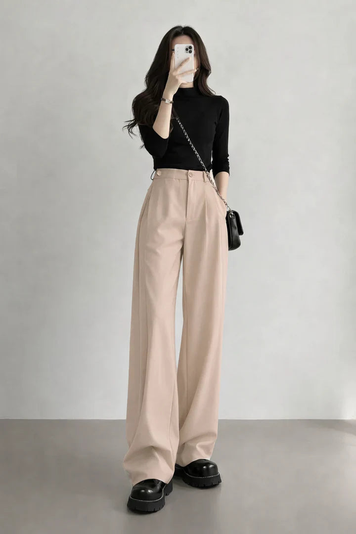 Beige High-Waist Wide Leg Trousers