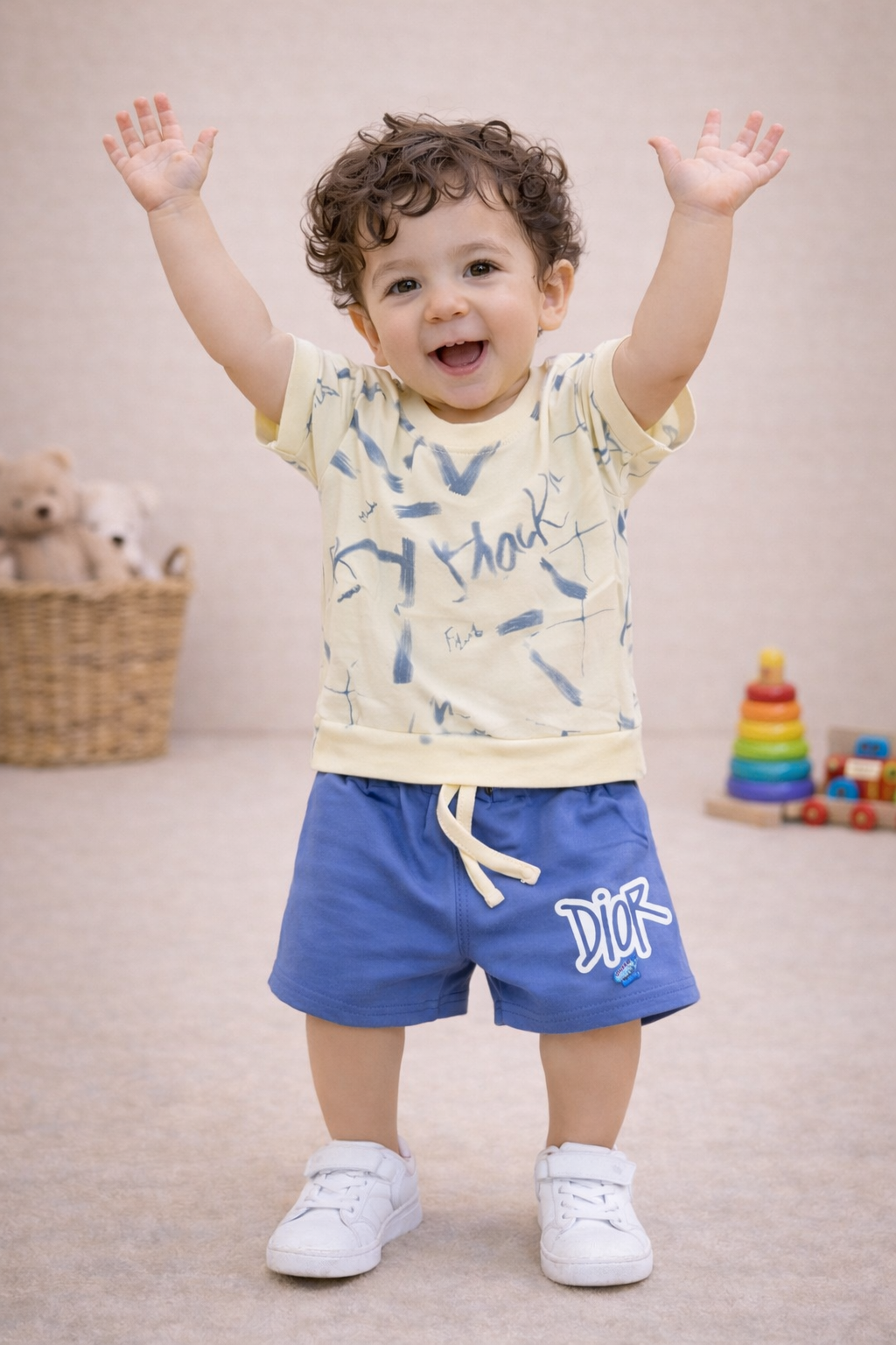 Kids Cream & Olive Green Co-ord Set with Printed Shorts