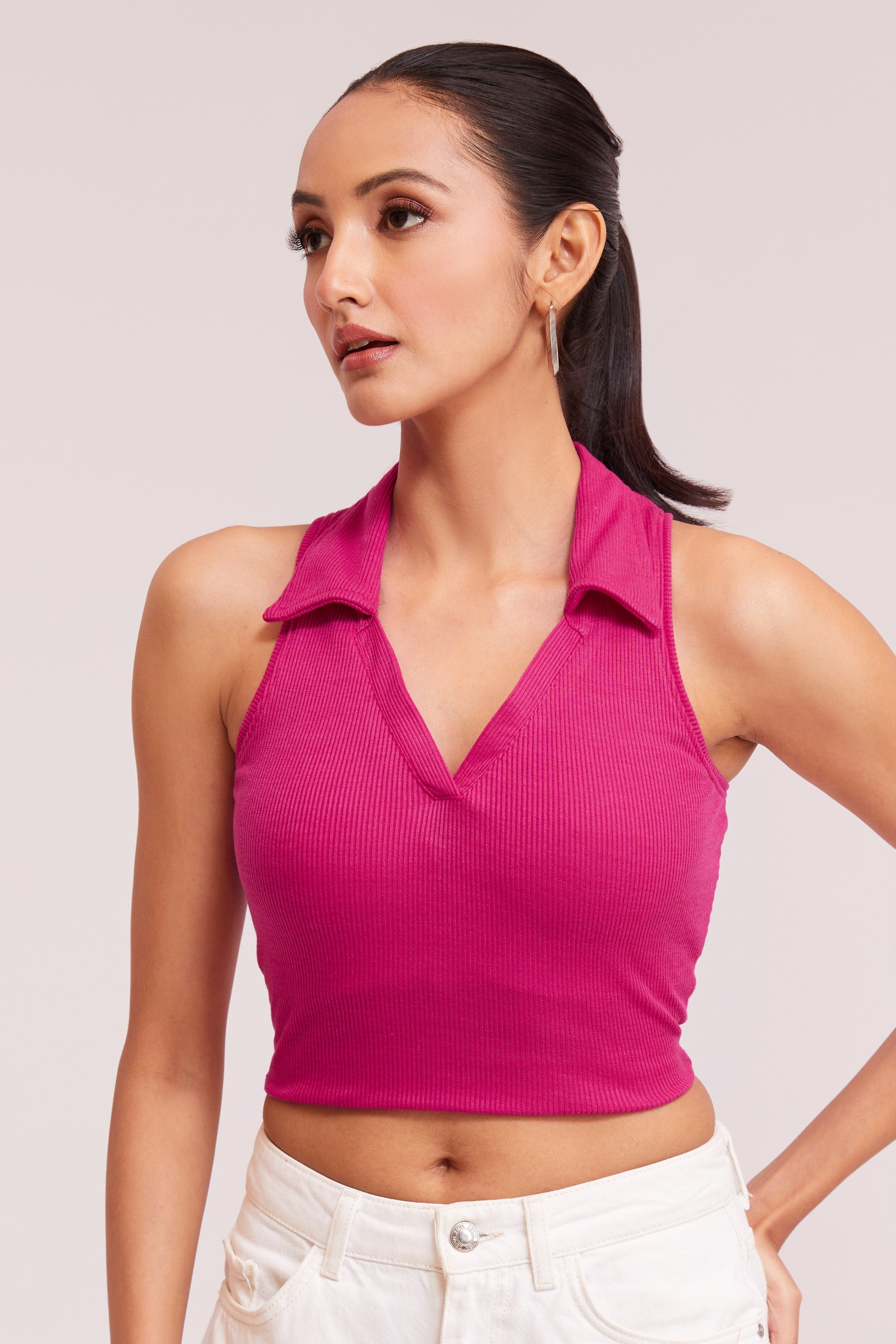 Pink-Ribbed Collared Sleeveless Crop Top