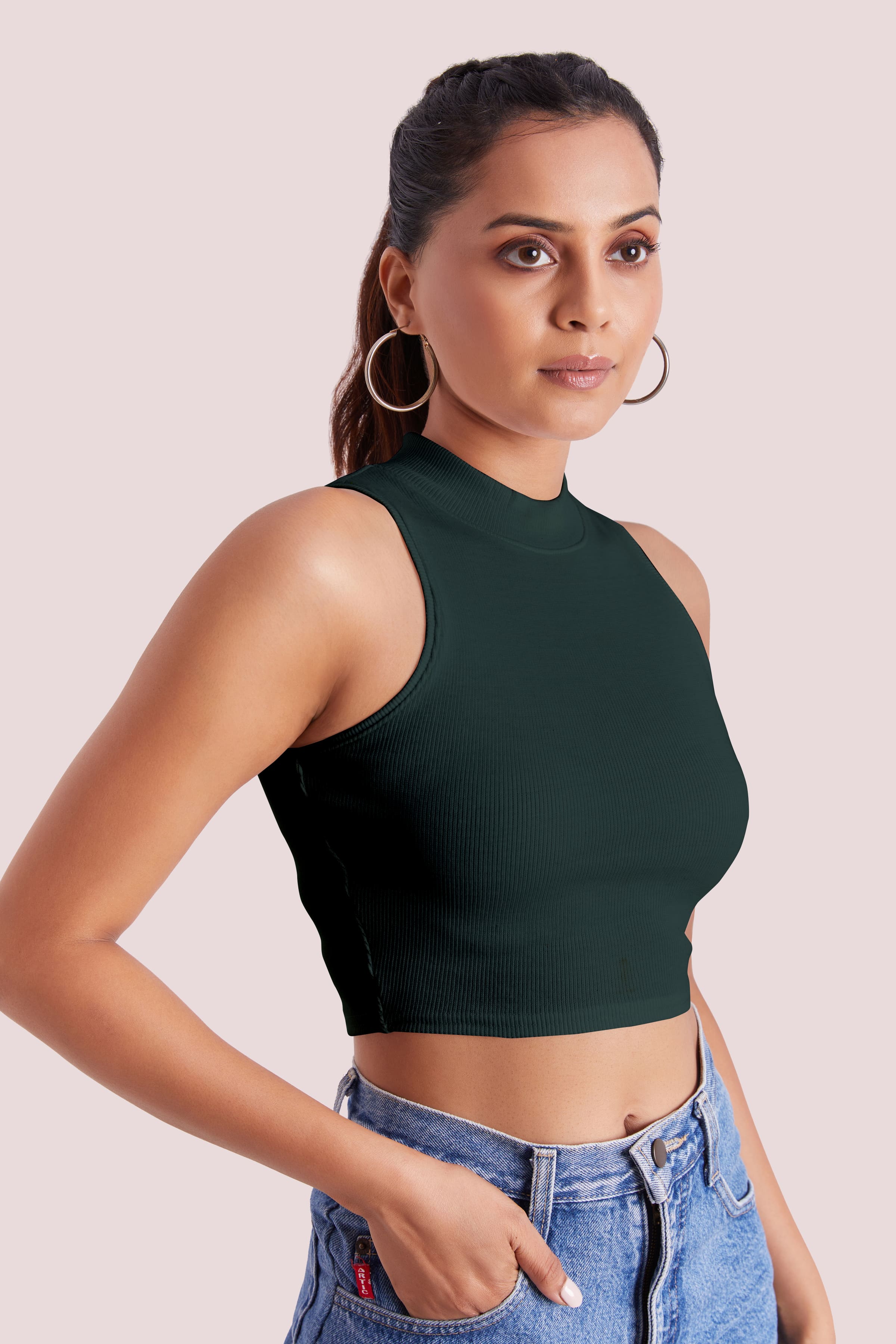 Forest Green Ribbed High Neck Sleeveless Crop Top