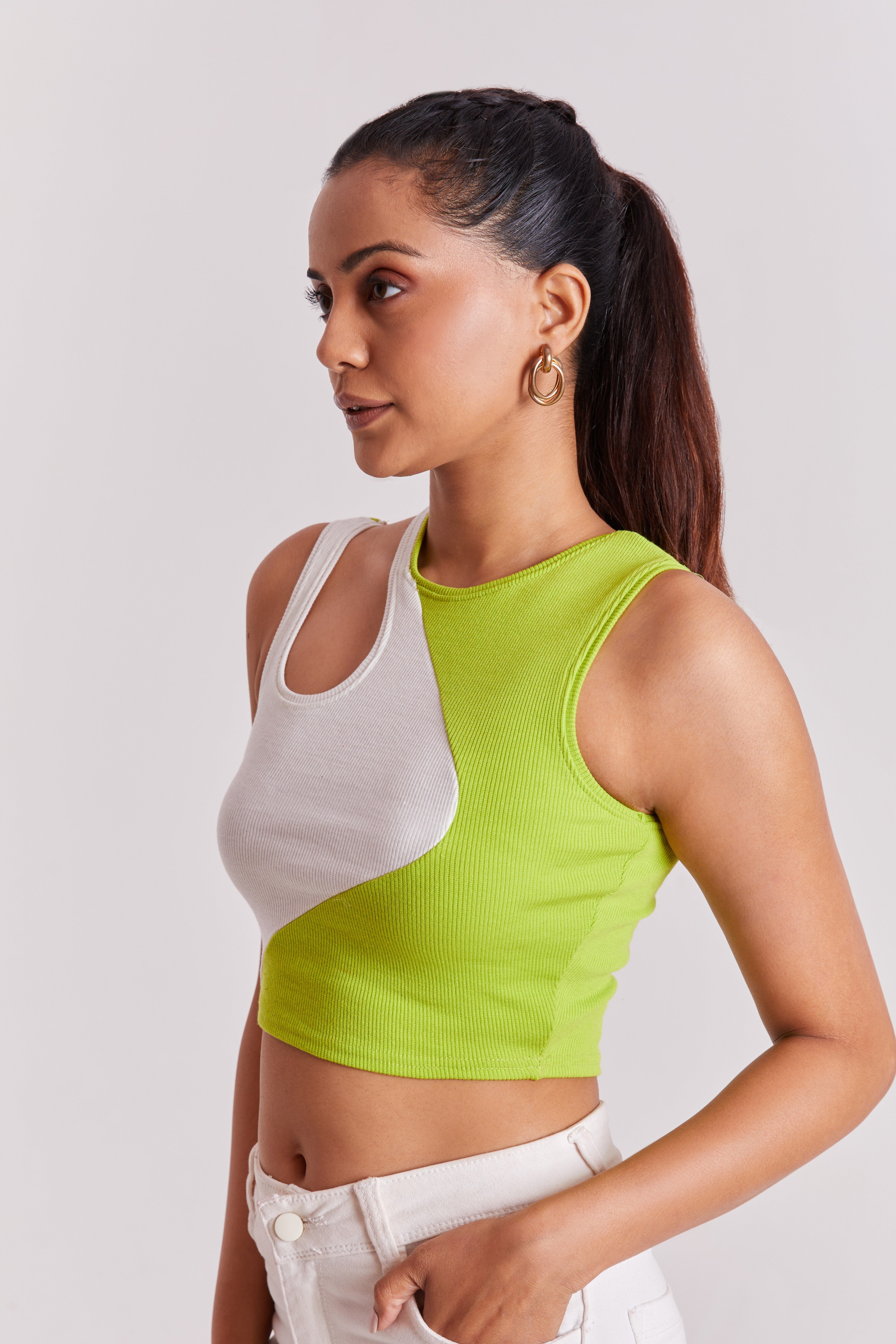 Black-Ribbed Sleeveless Cut-Out Tank Top