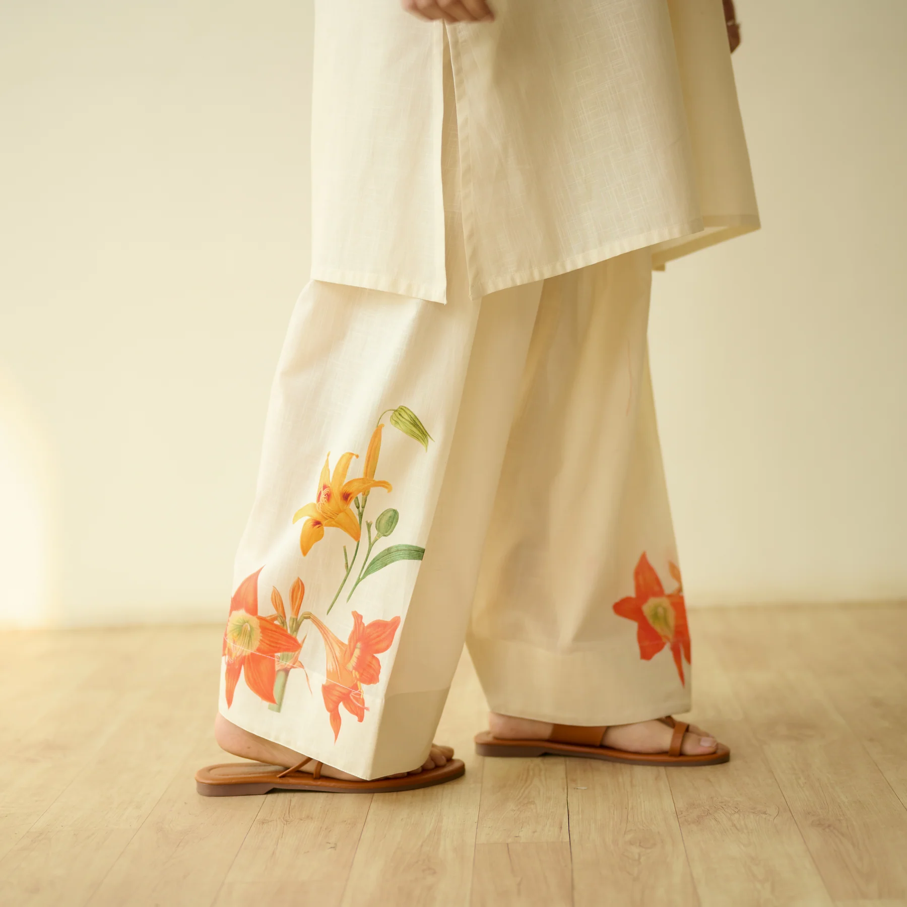 Cream Floral Printed Kurta & Palazzo Set