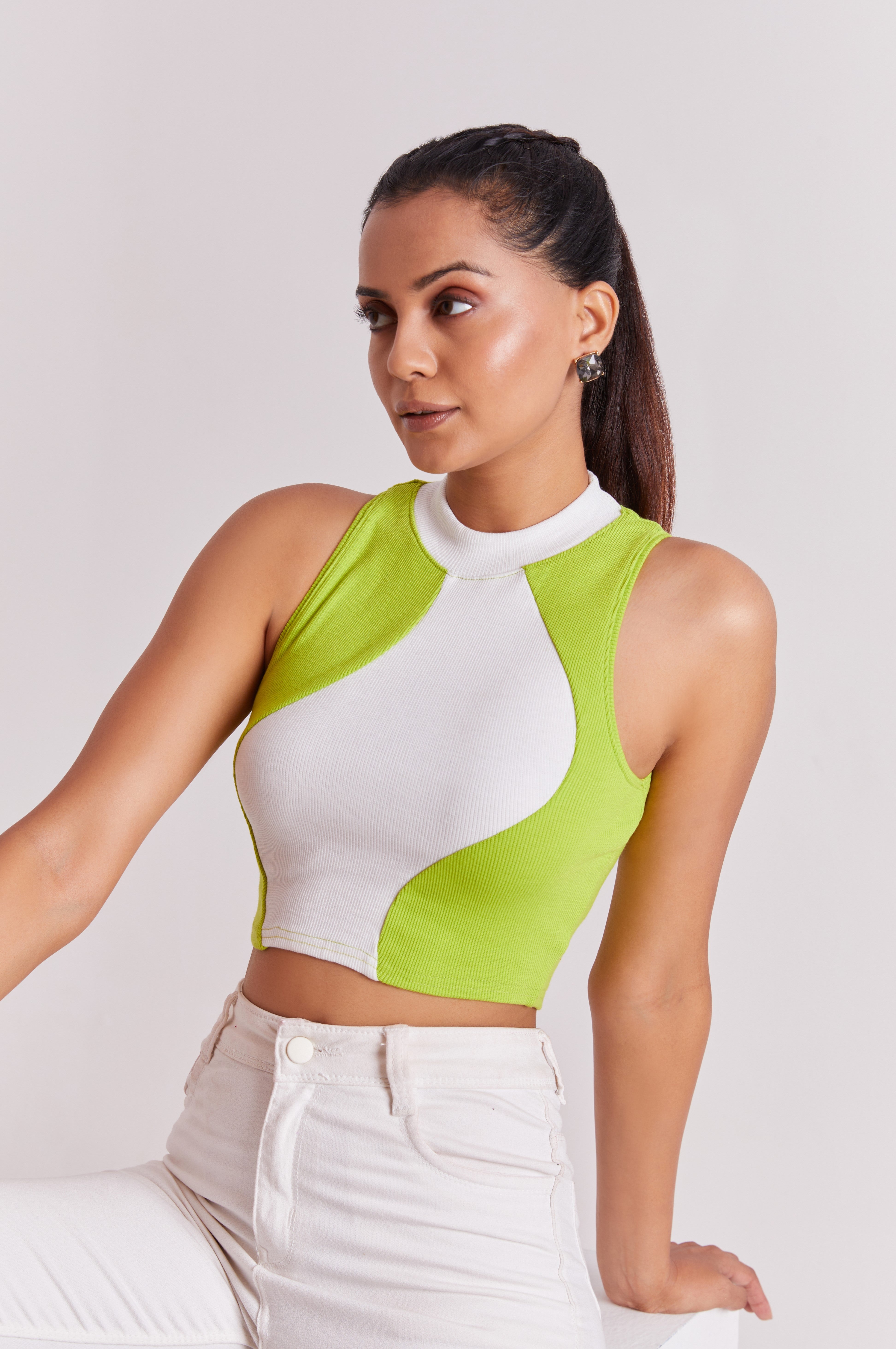 Neon & White Ribbed High Neck Sleeveless Crop Top