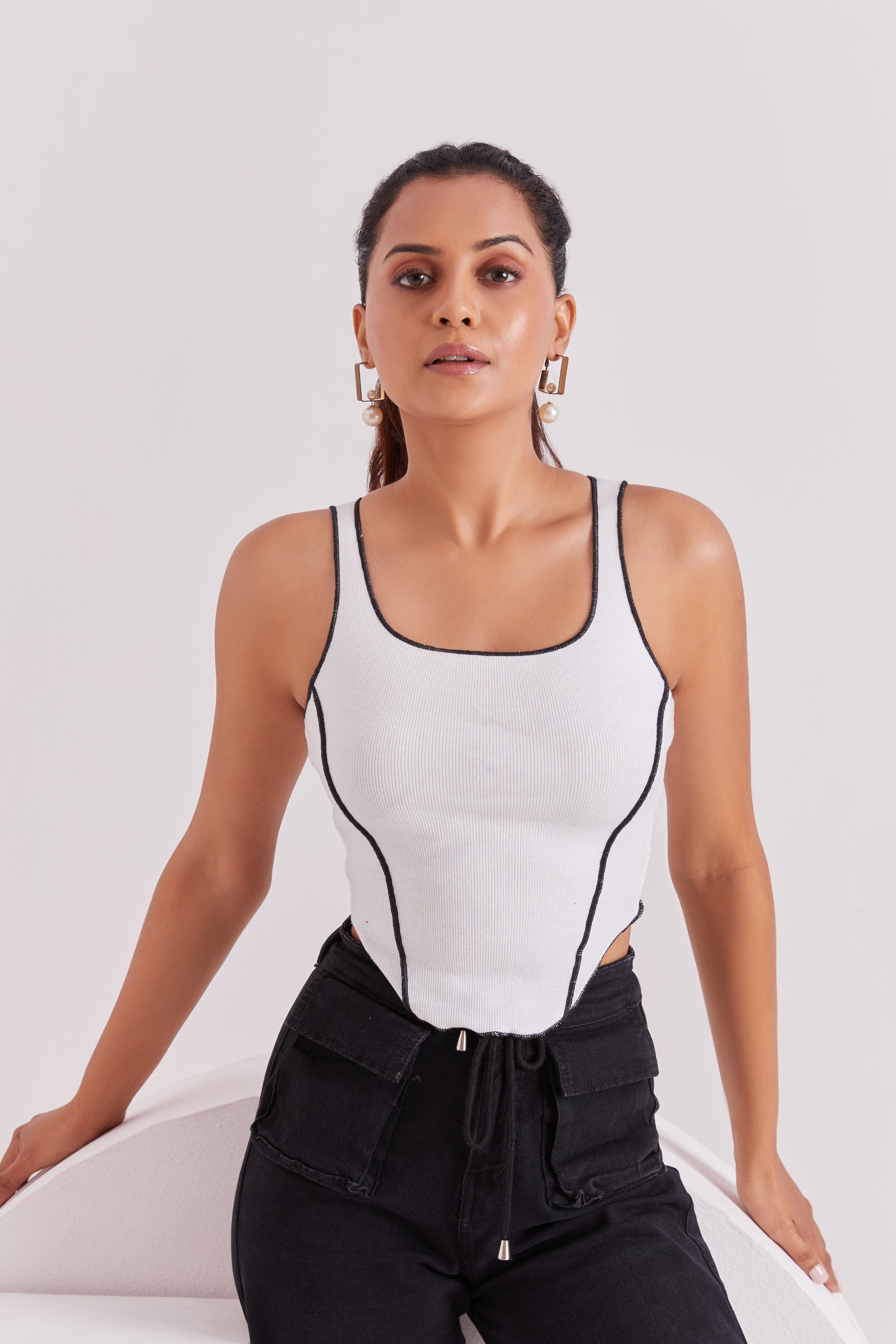 White Contrast Stitch Tank Top