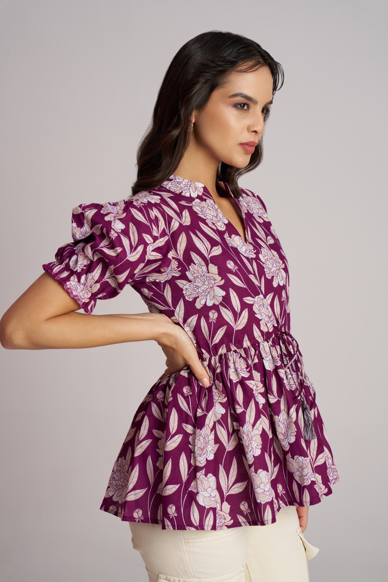Olive Bloom Puff Sleeve Peplum Top