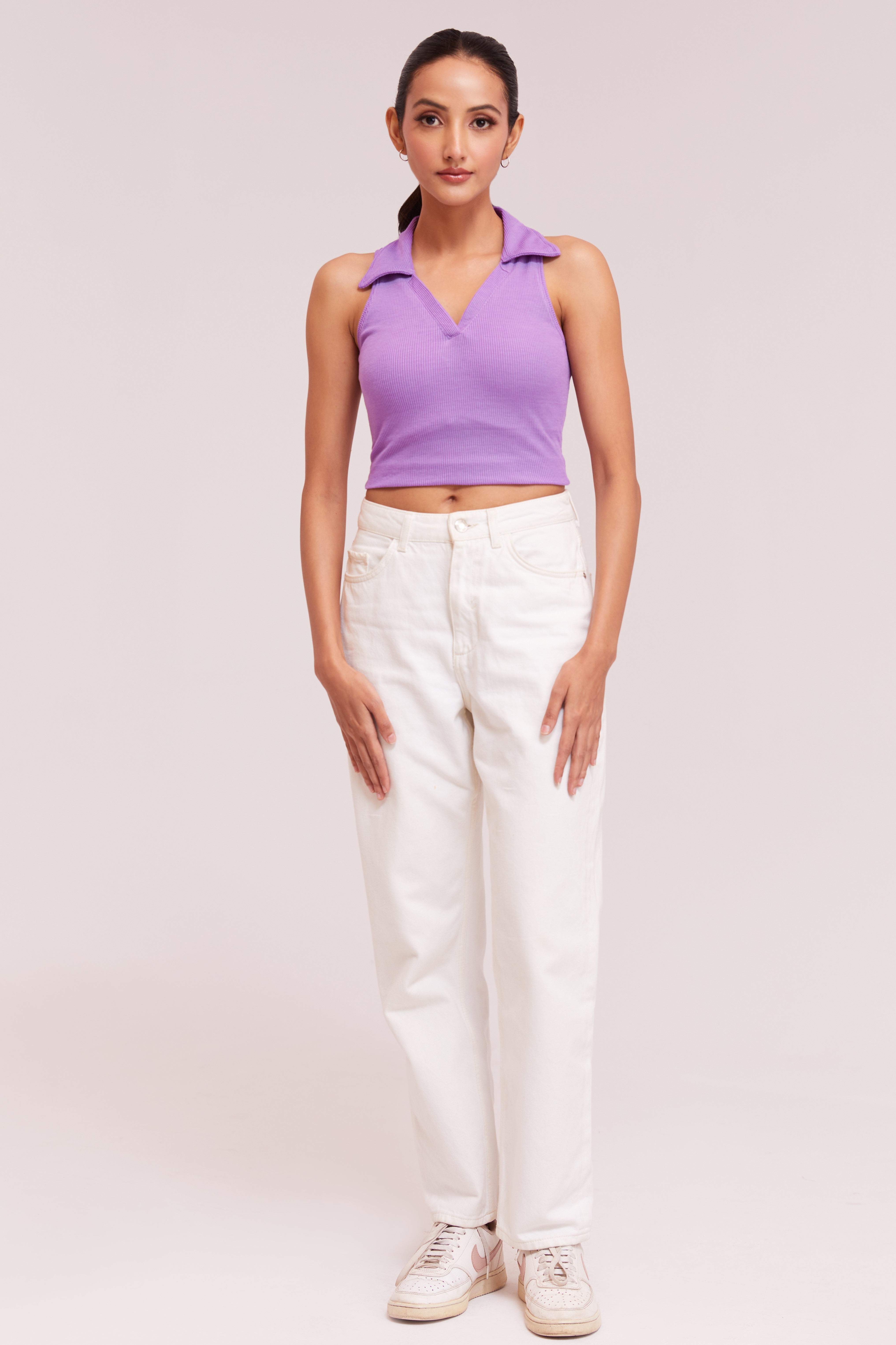 Black-Ribbed Collared Sleeveless Crop Top