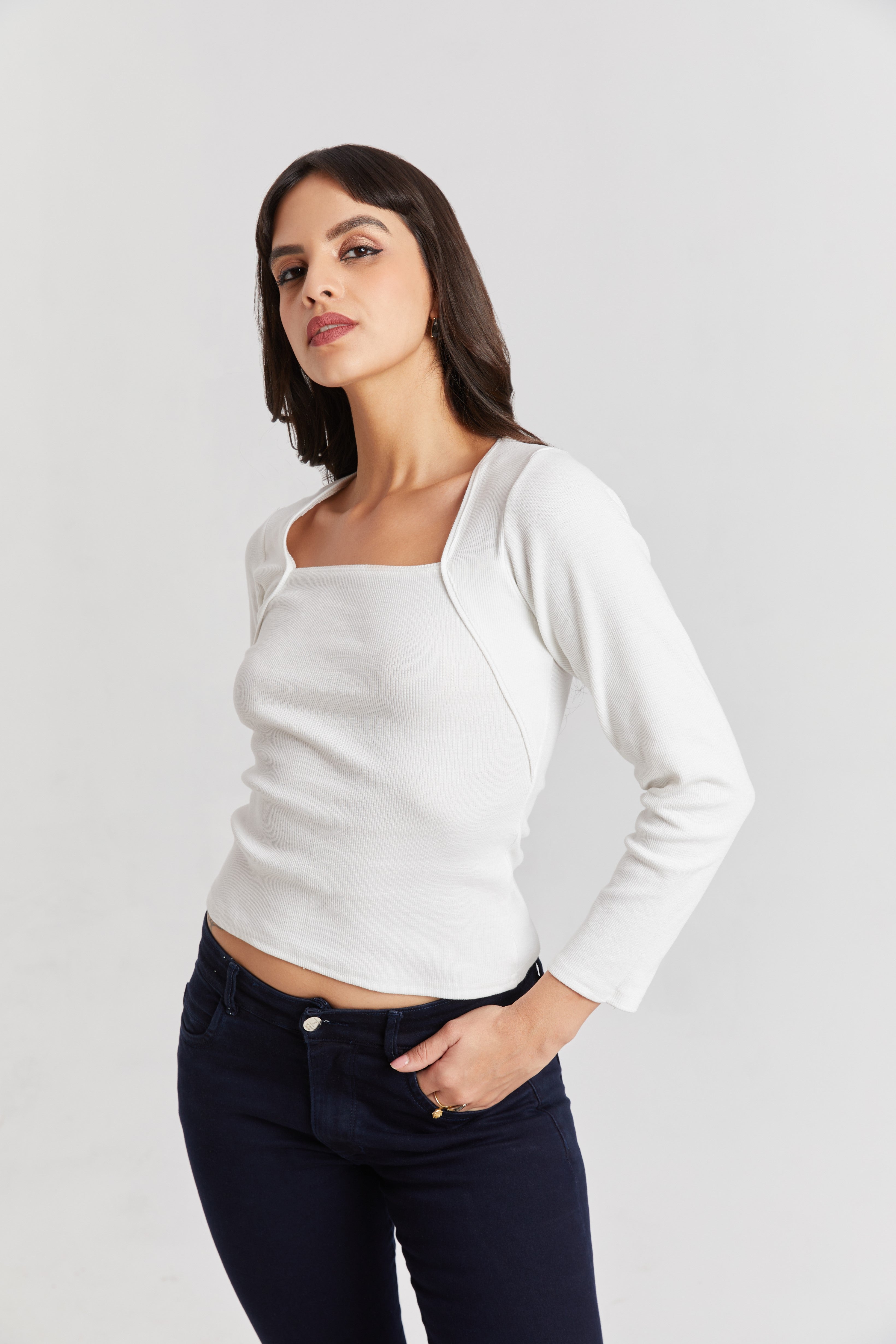 White Ribbed Square Neck Top