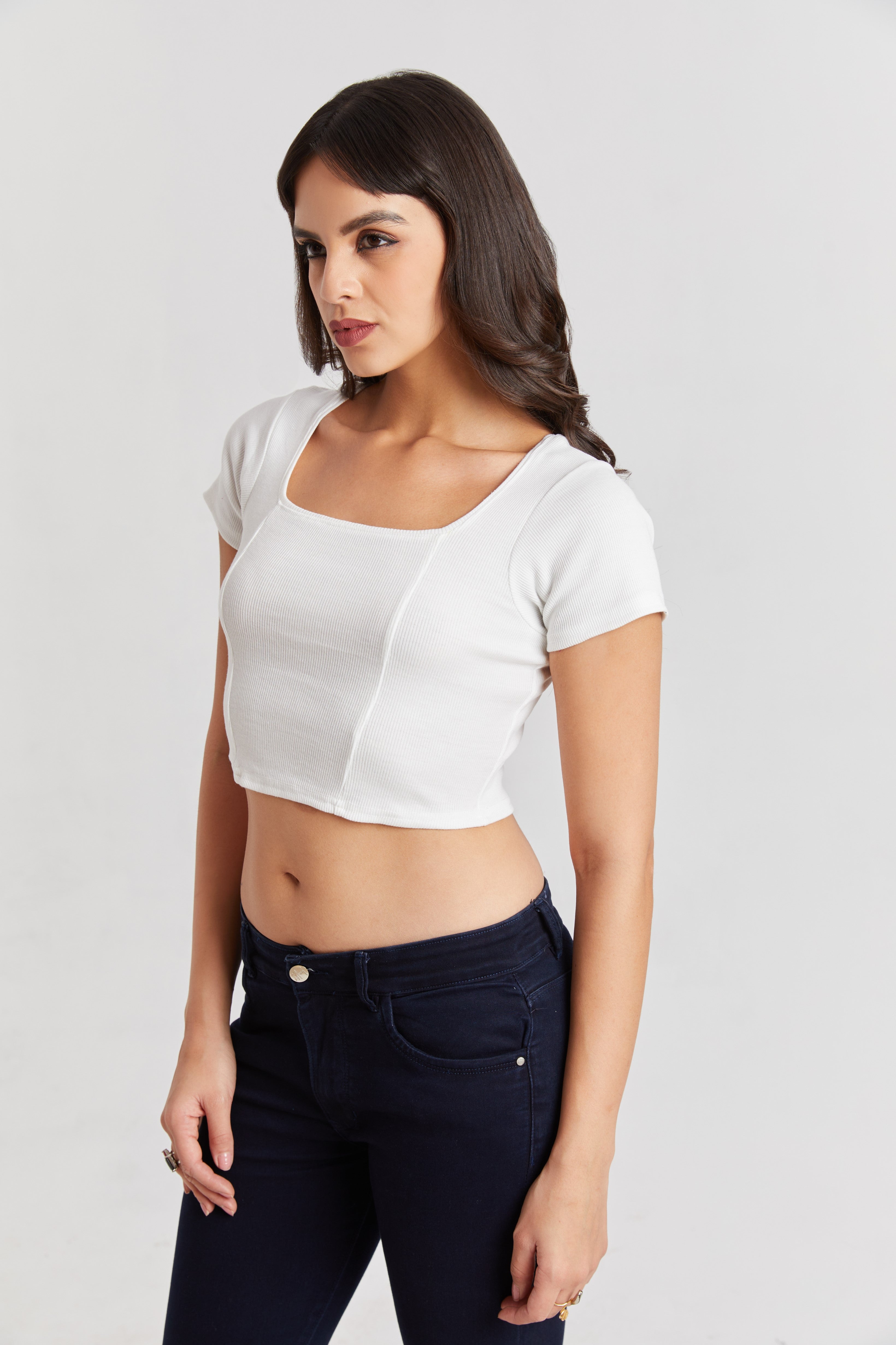 Black Ribbed Square Neck Crop Top