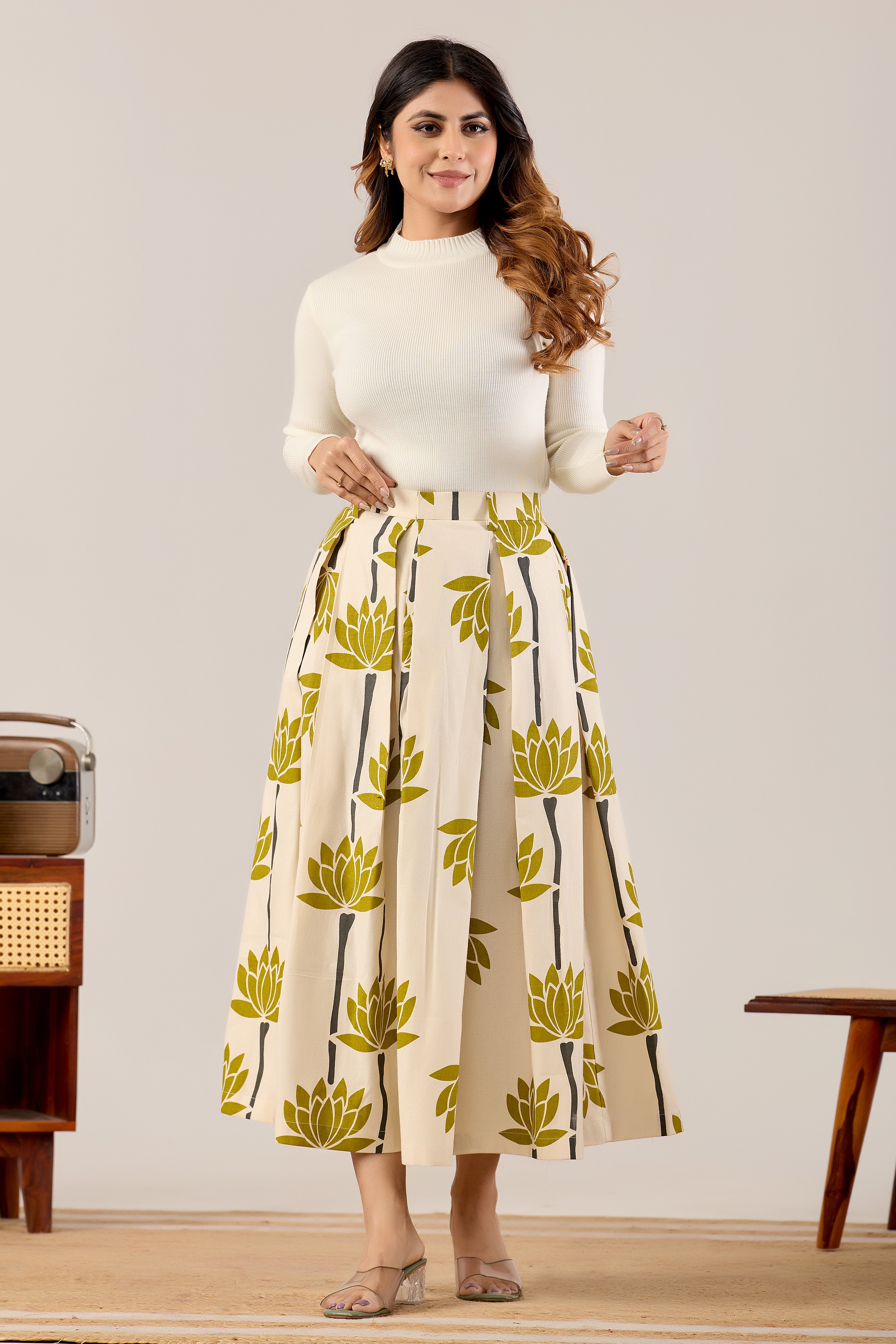 Lotus Bloom Printed Midi Skirt