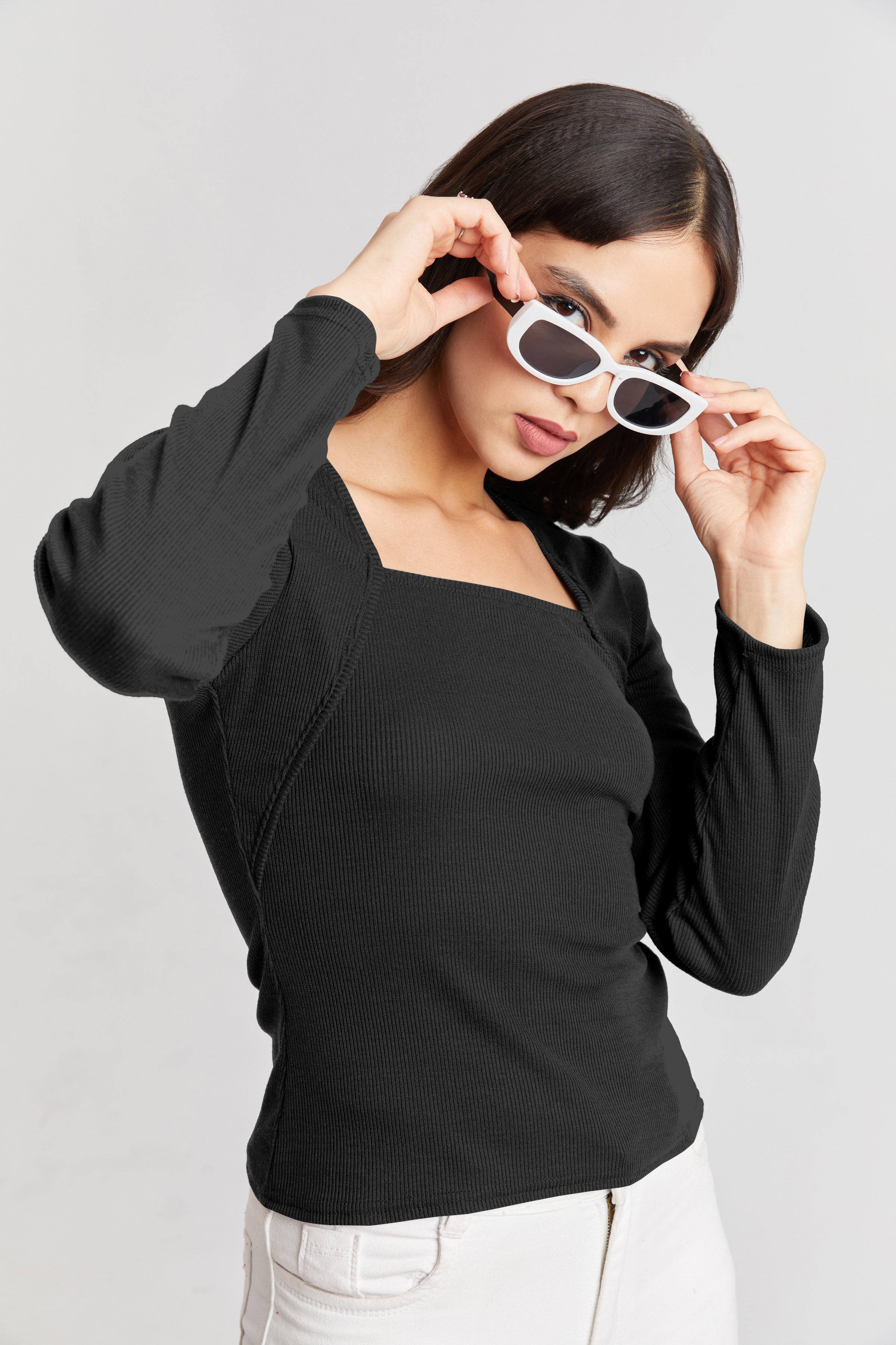 Deep Red Ribbed Square Neck Top
