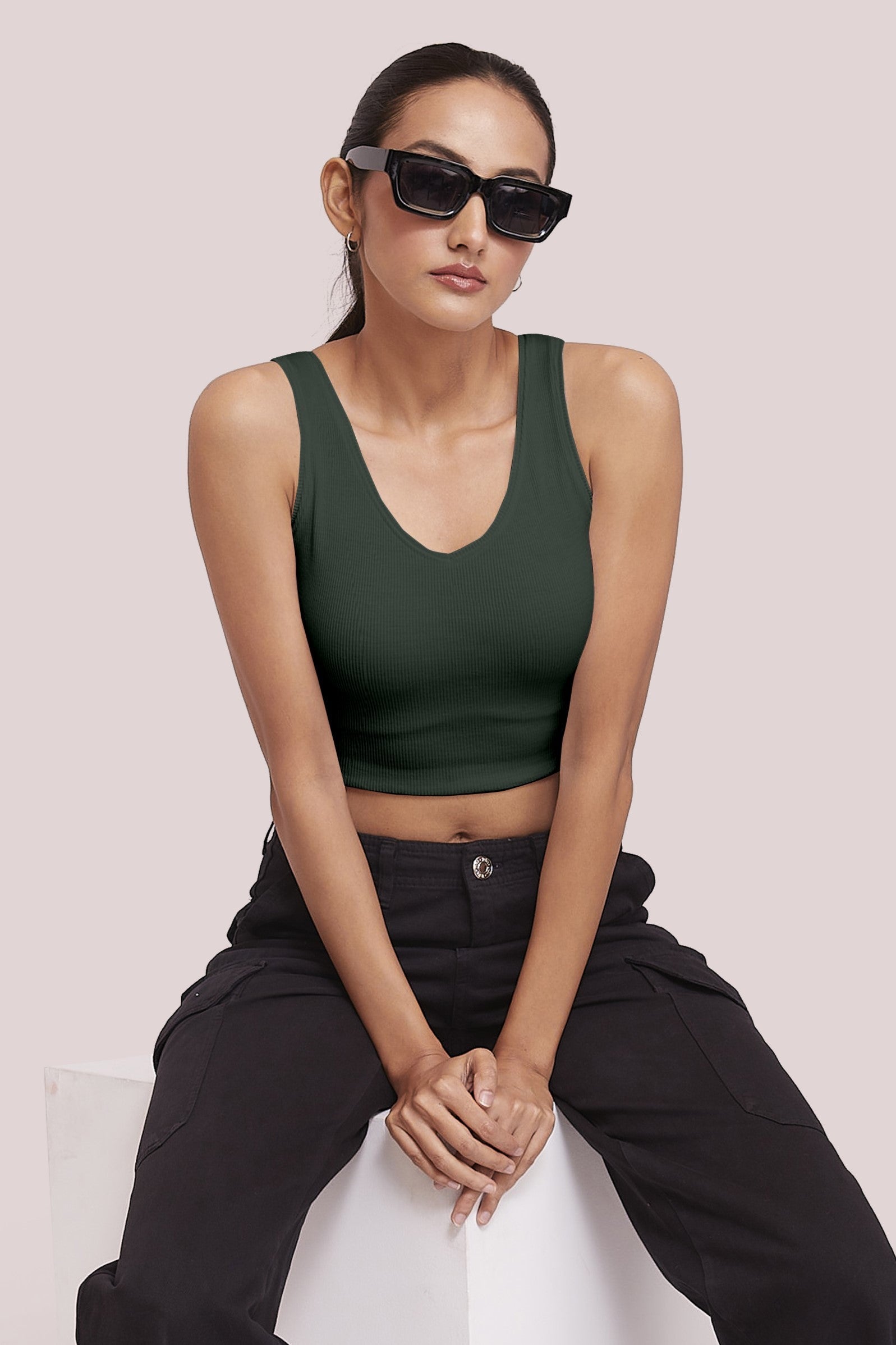 Forest Green Ribbed Scoop Neck Sleeveless Crop Top