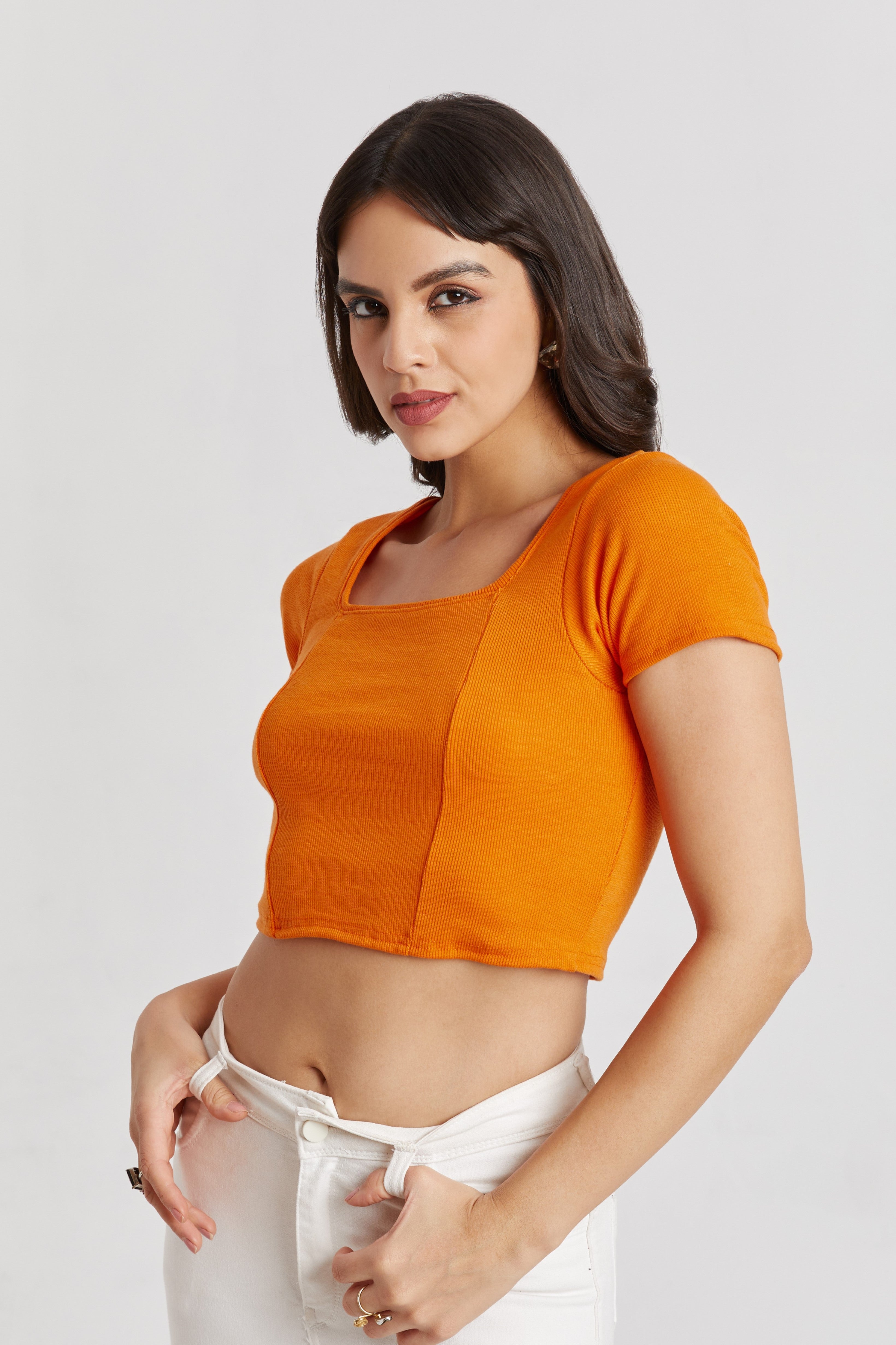 Orange Ribbed Square Neck Crop Top