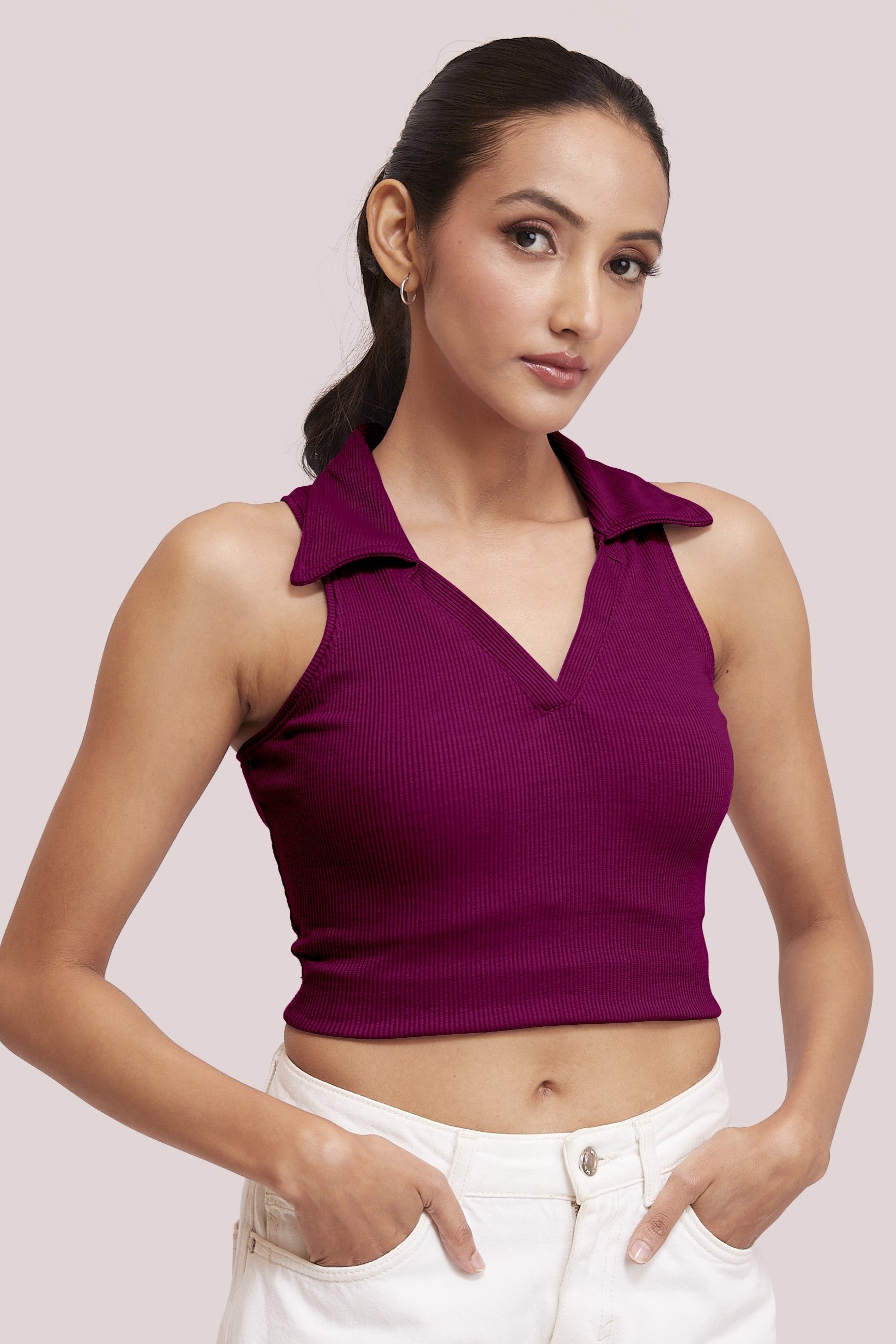 Black-Ribbed Collared Sleeveless Crop Top