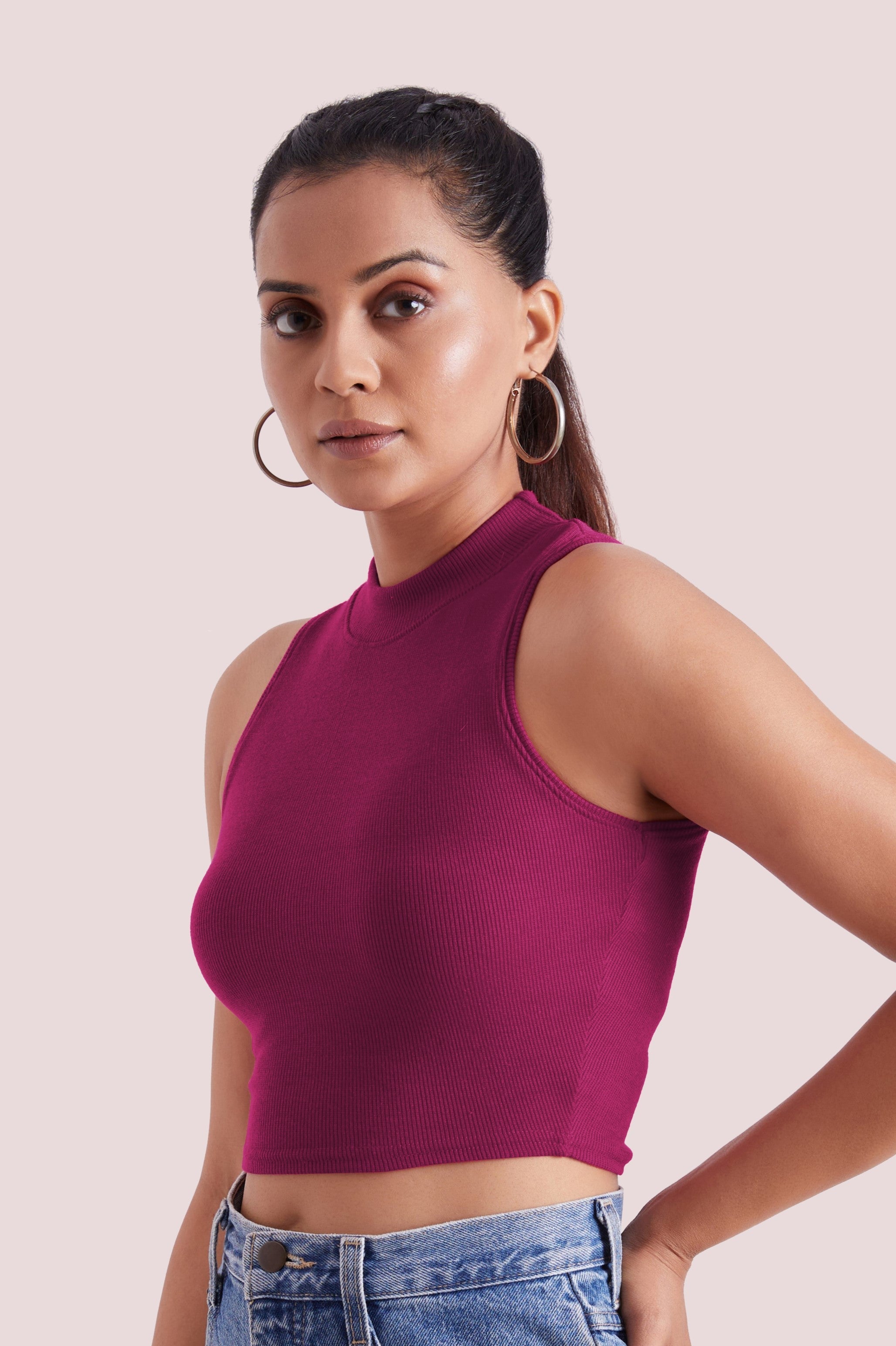 Wine Ribbed High Neck Sleeveless Crop Top