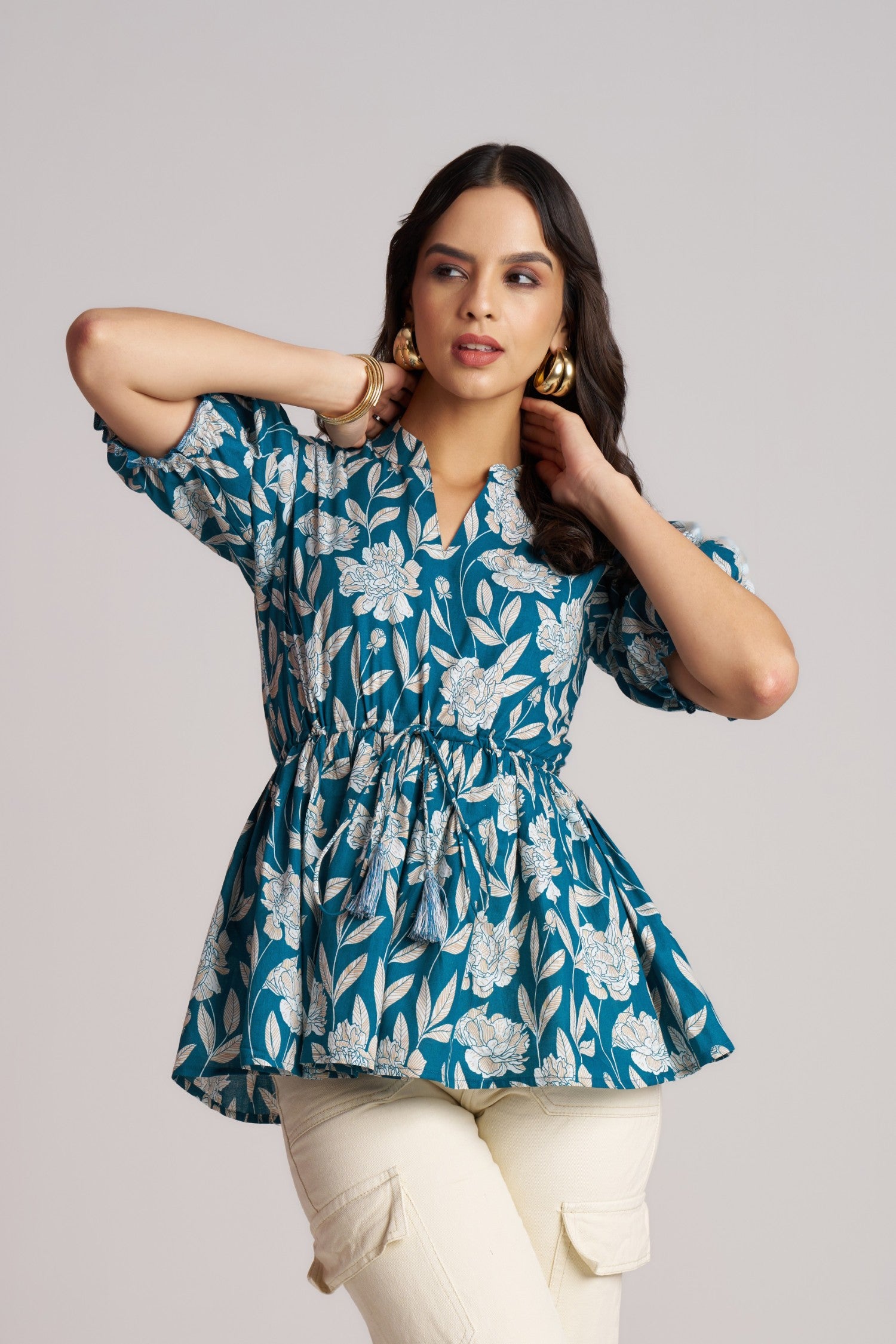 Olive Bloom Puff Sleeve Peplum Top