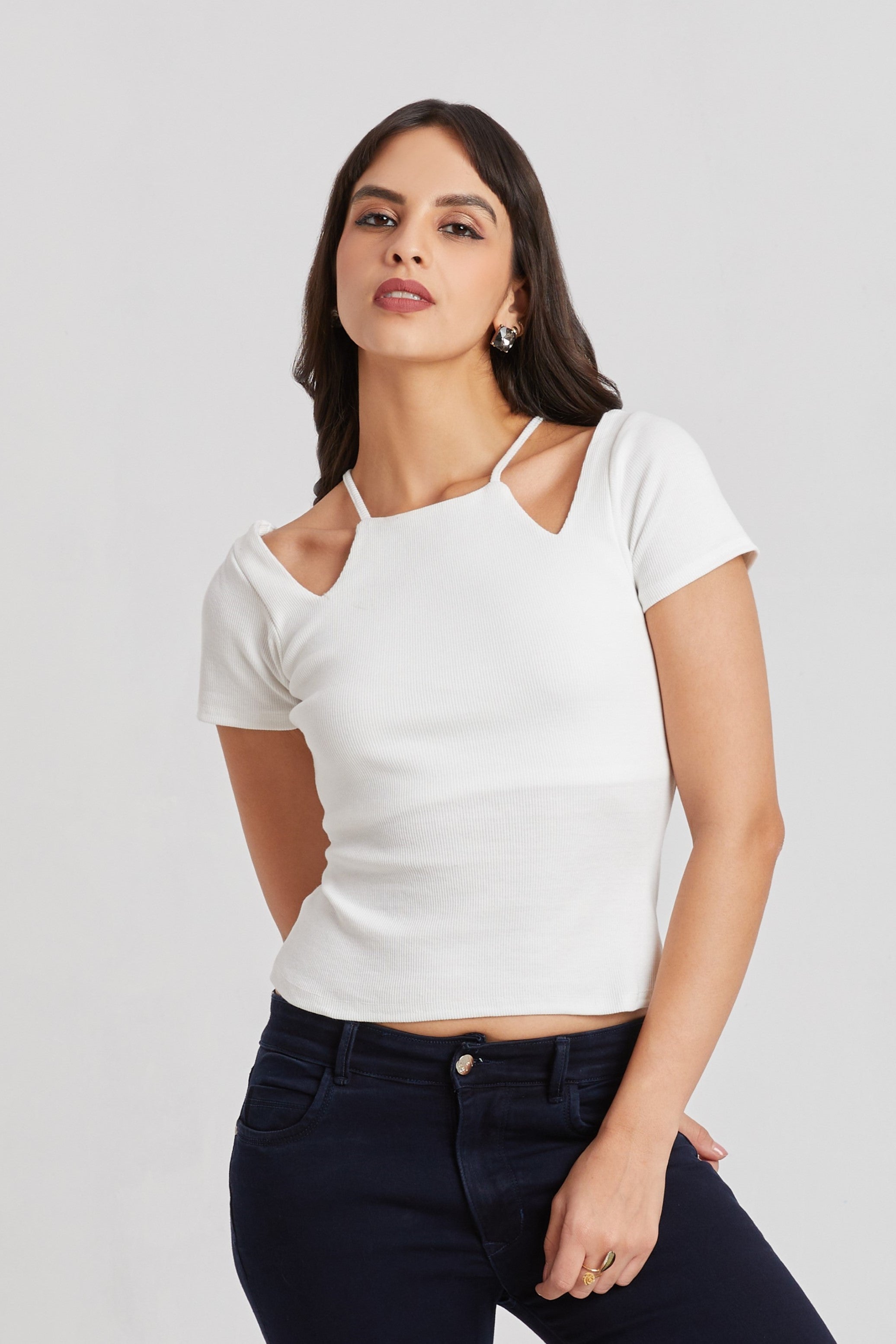 Midnight White Ribbed Cutout Top