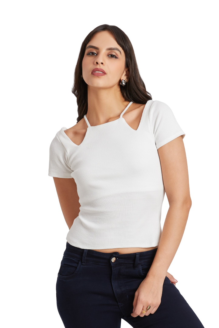 Midnight White Ribbed Cutout Top