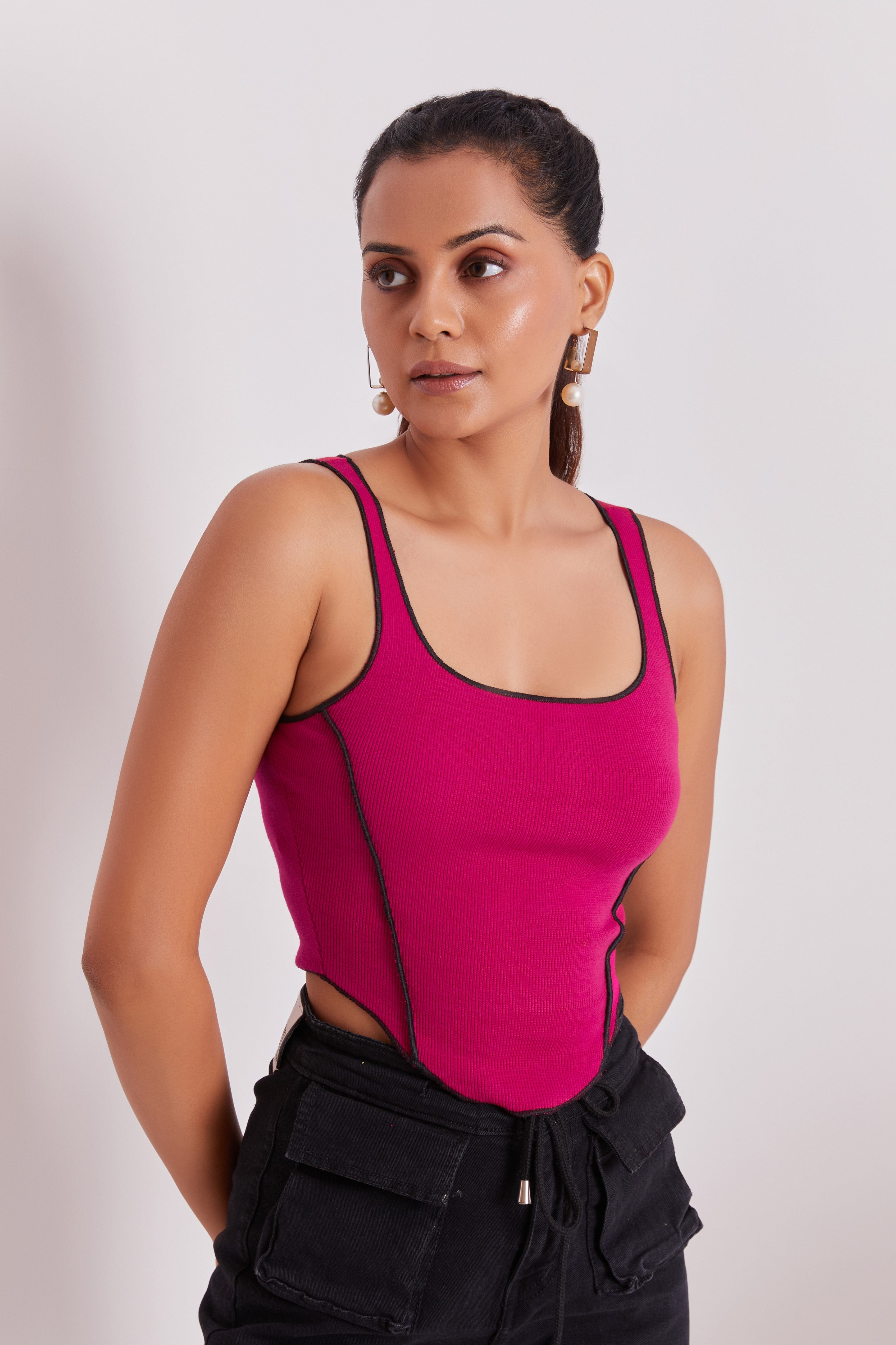 Pink Contrast Stitch Tank Top