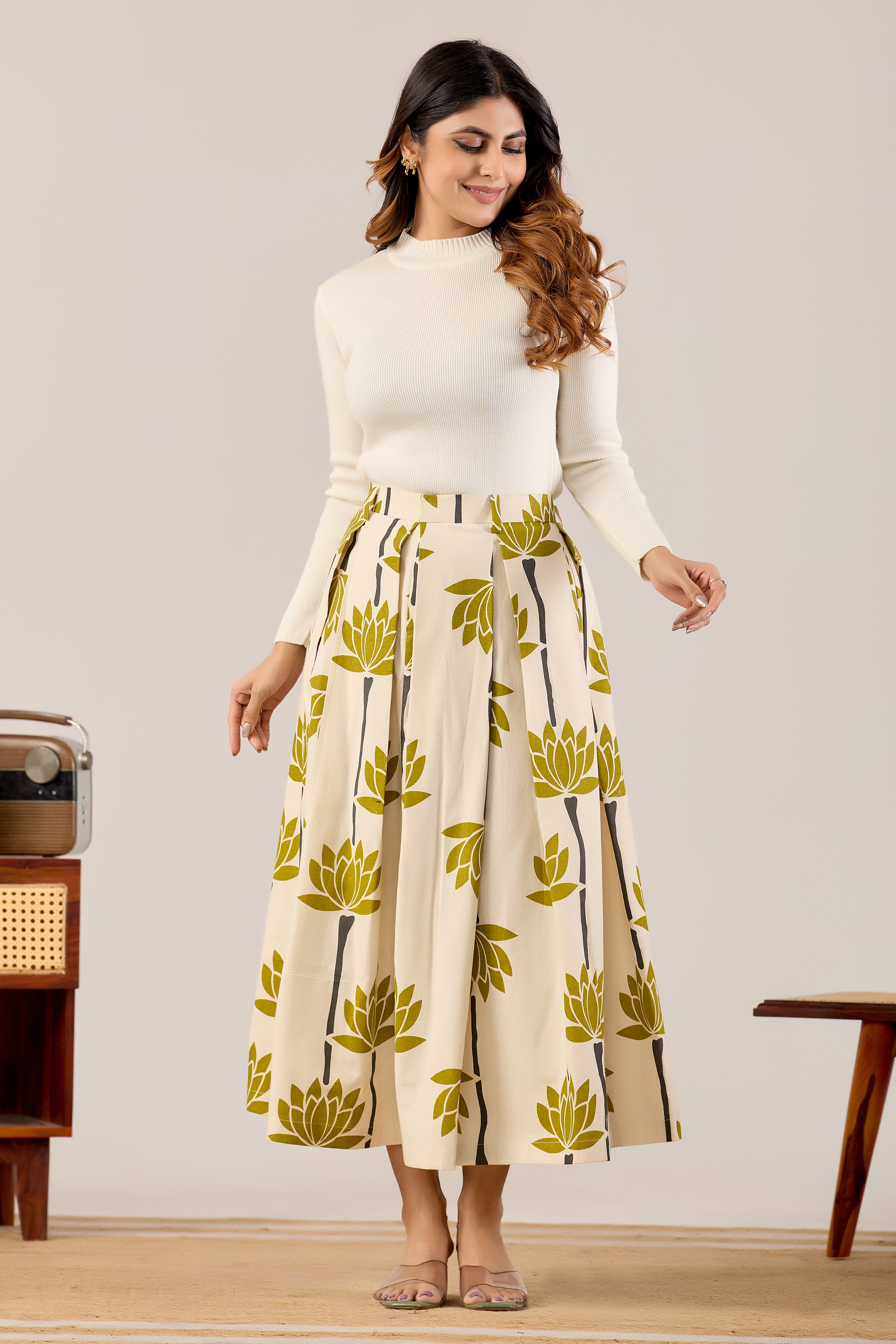 Lotus Bloom Printed Midi Skirt