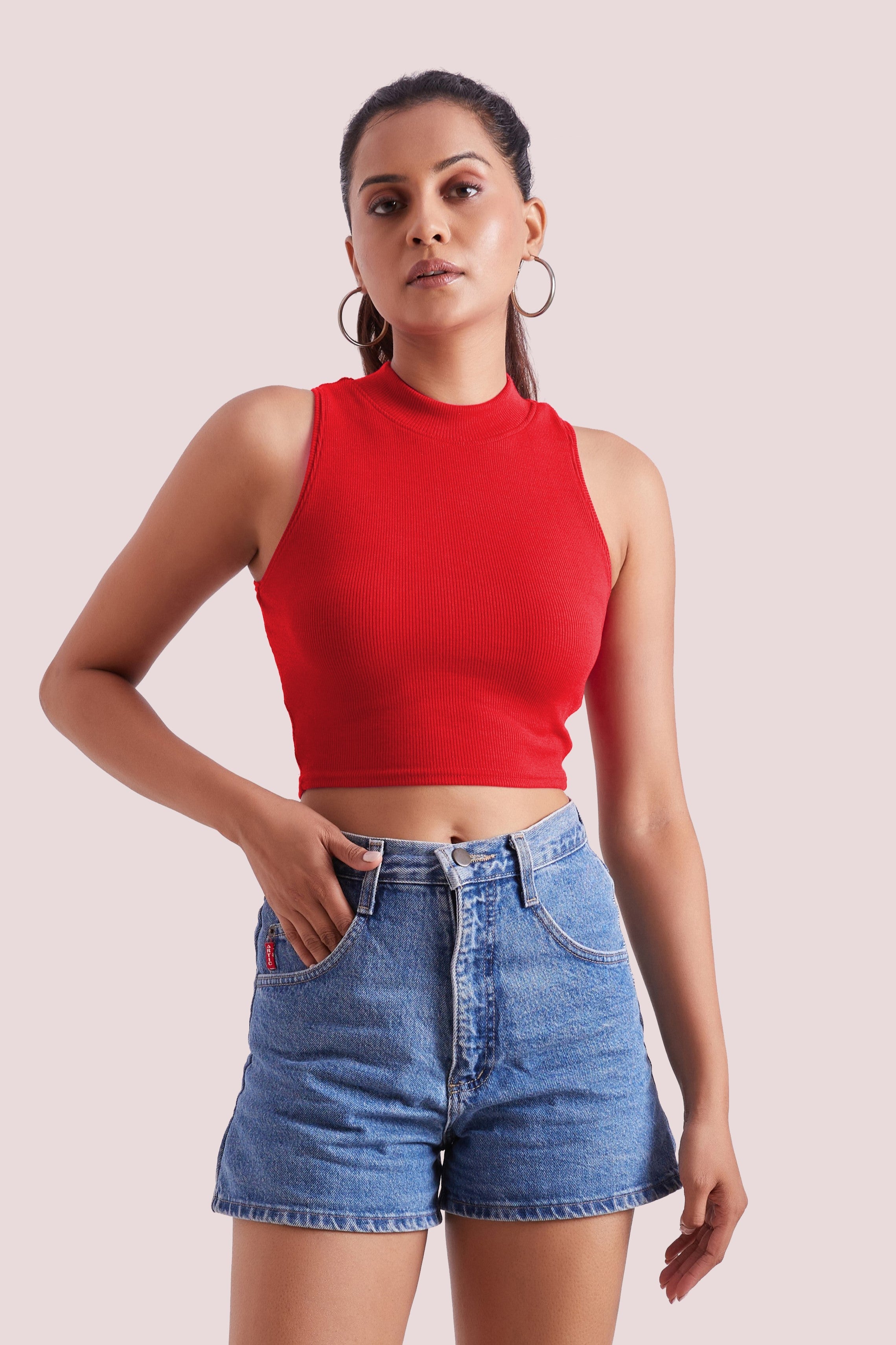 Red Ribbed High Neck Sleeveless Crop Top