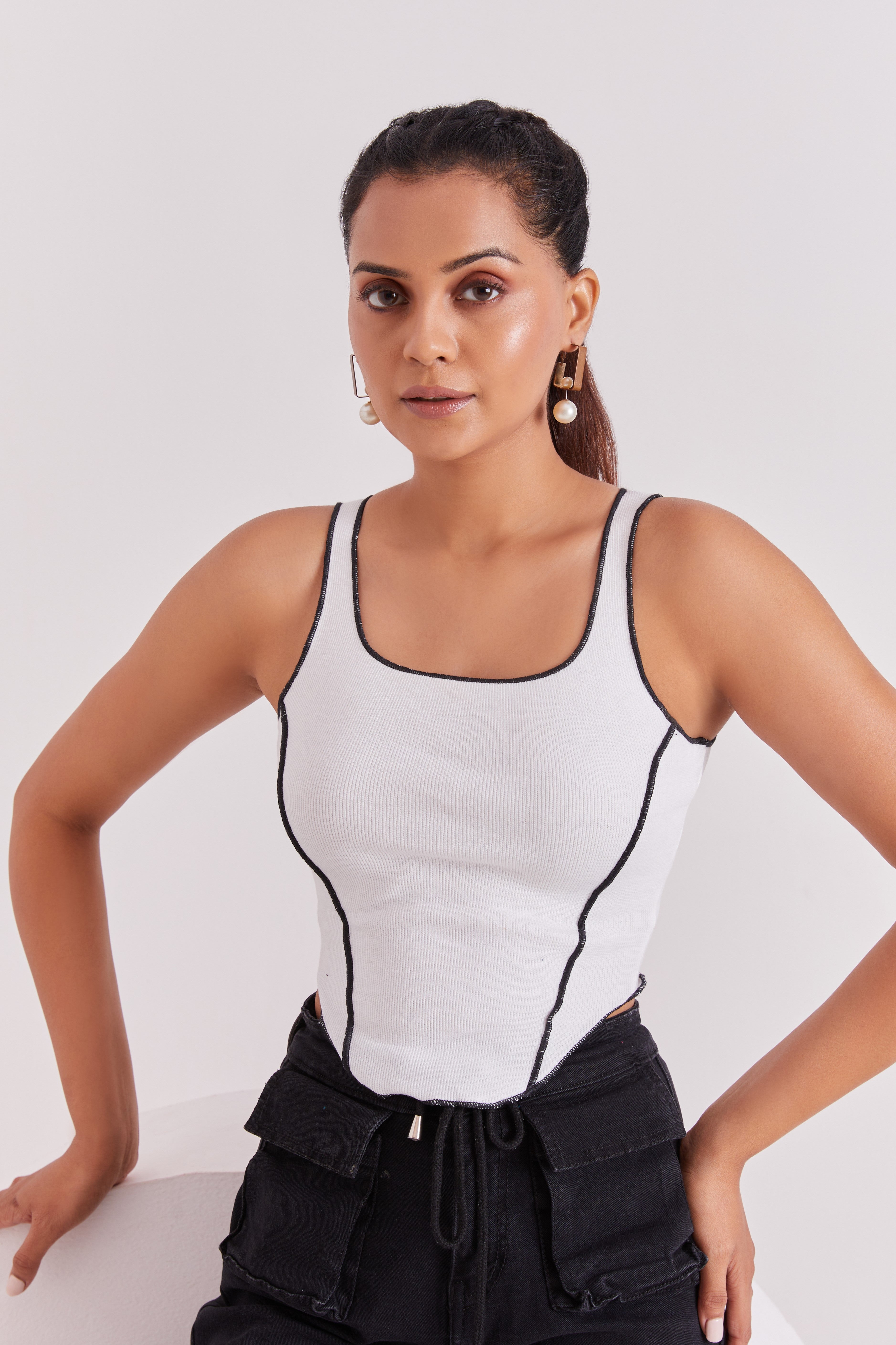 White Contrast Stitch Tank Top