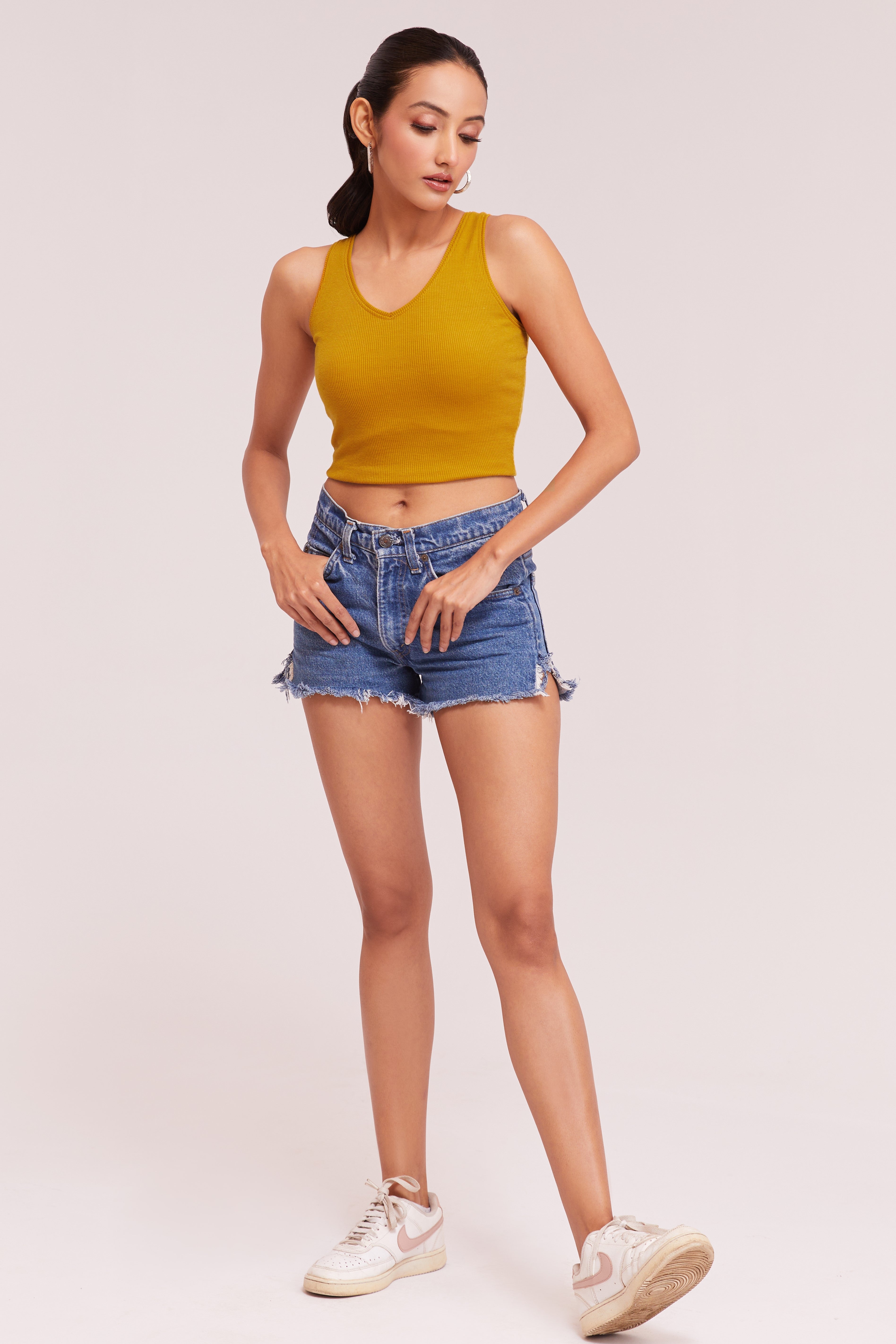Mustard Yellow Ribbed Scoop Neck Sleeveless Crop Top
