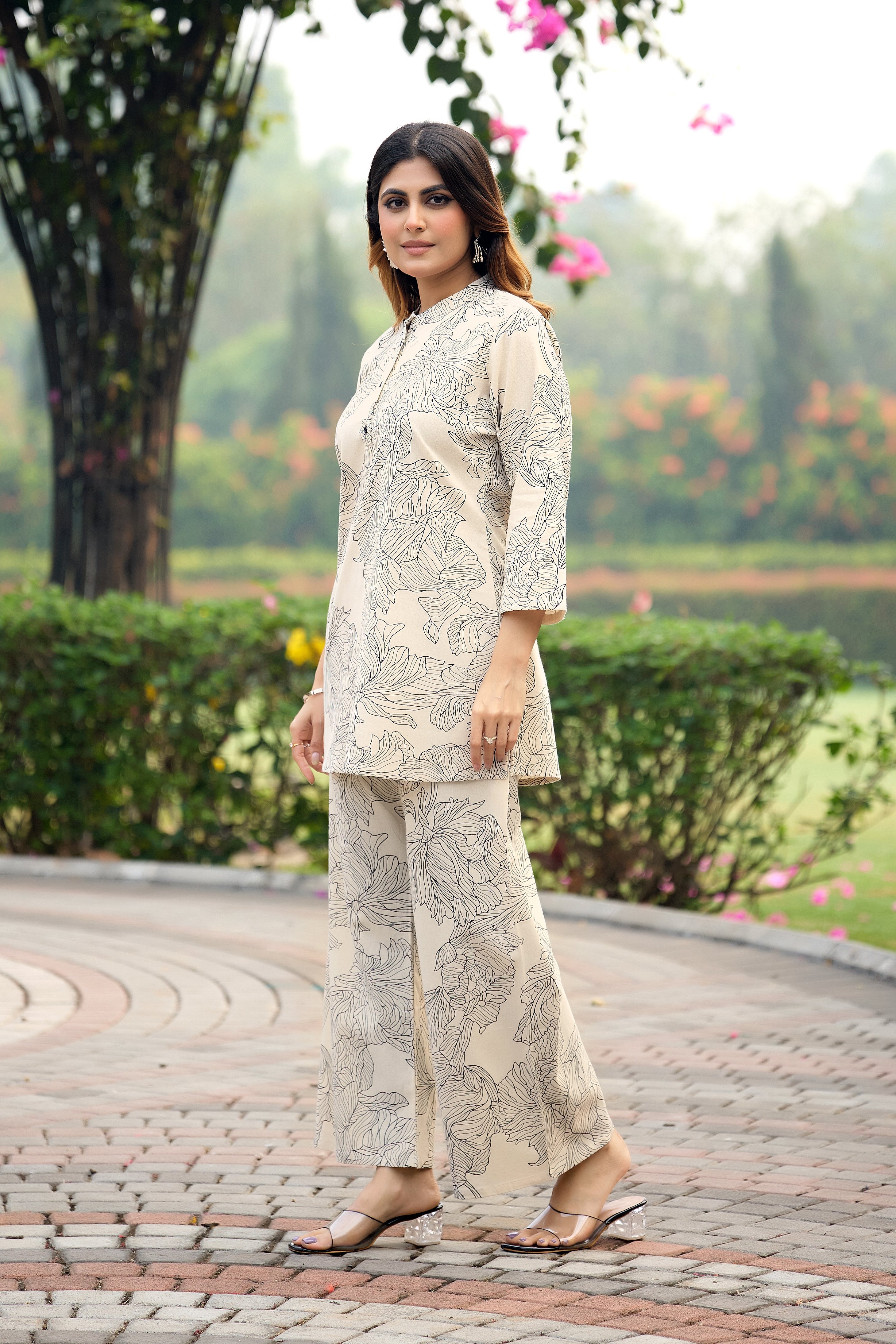 Soft Beige Floral Line Print Co-ord Set