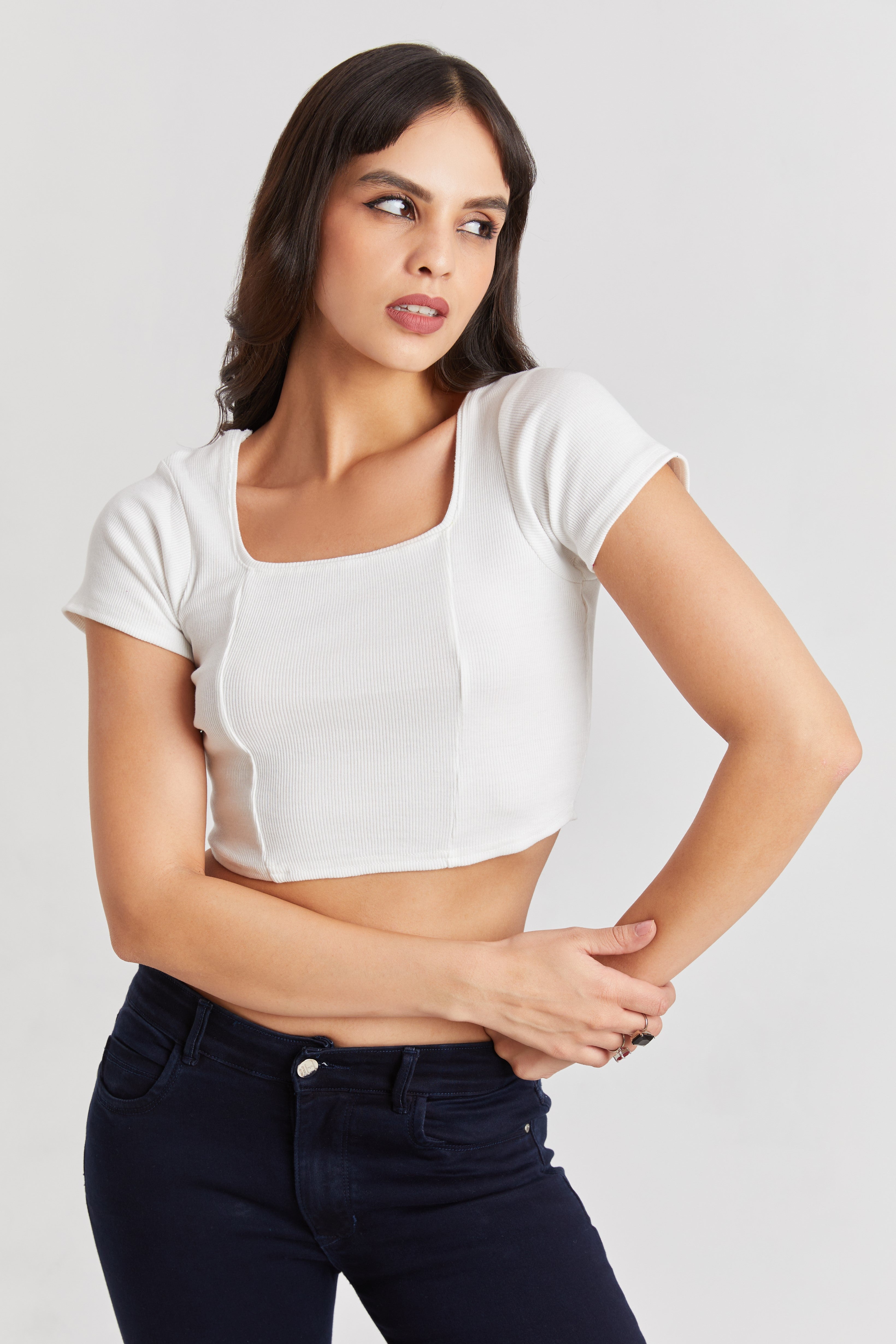 White Ribbed Square Neck Crop Top