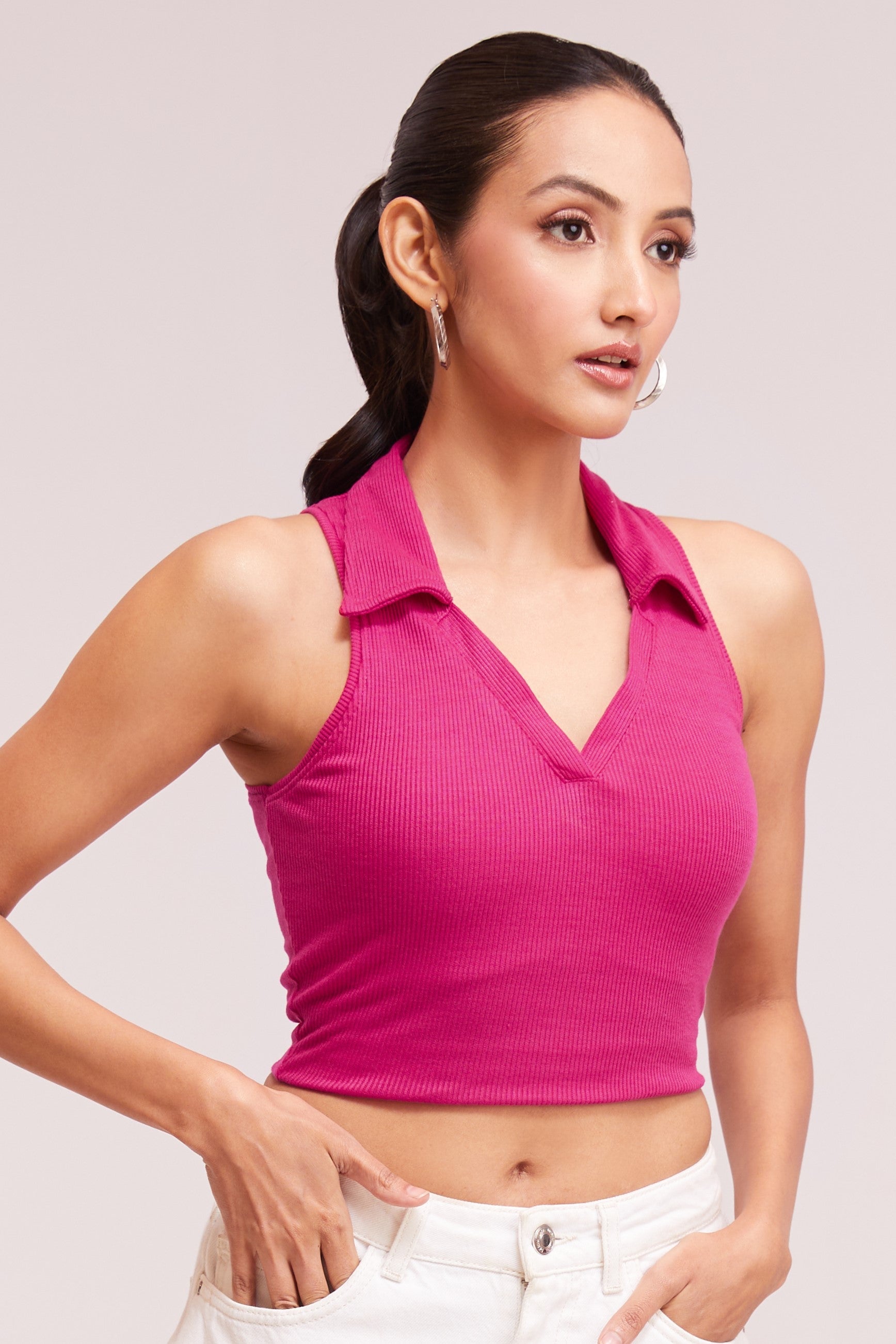 Pink-Ribbed Collared Sleeveless Crop Top