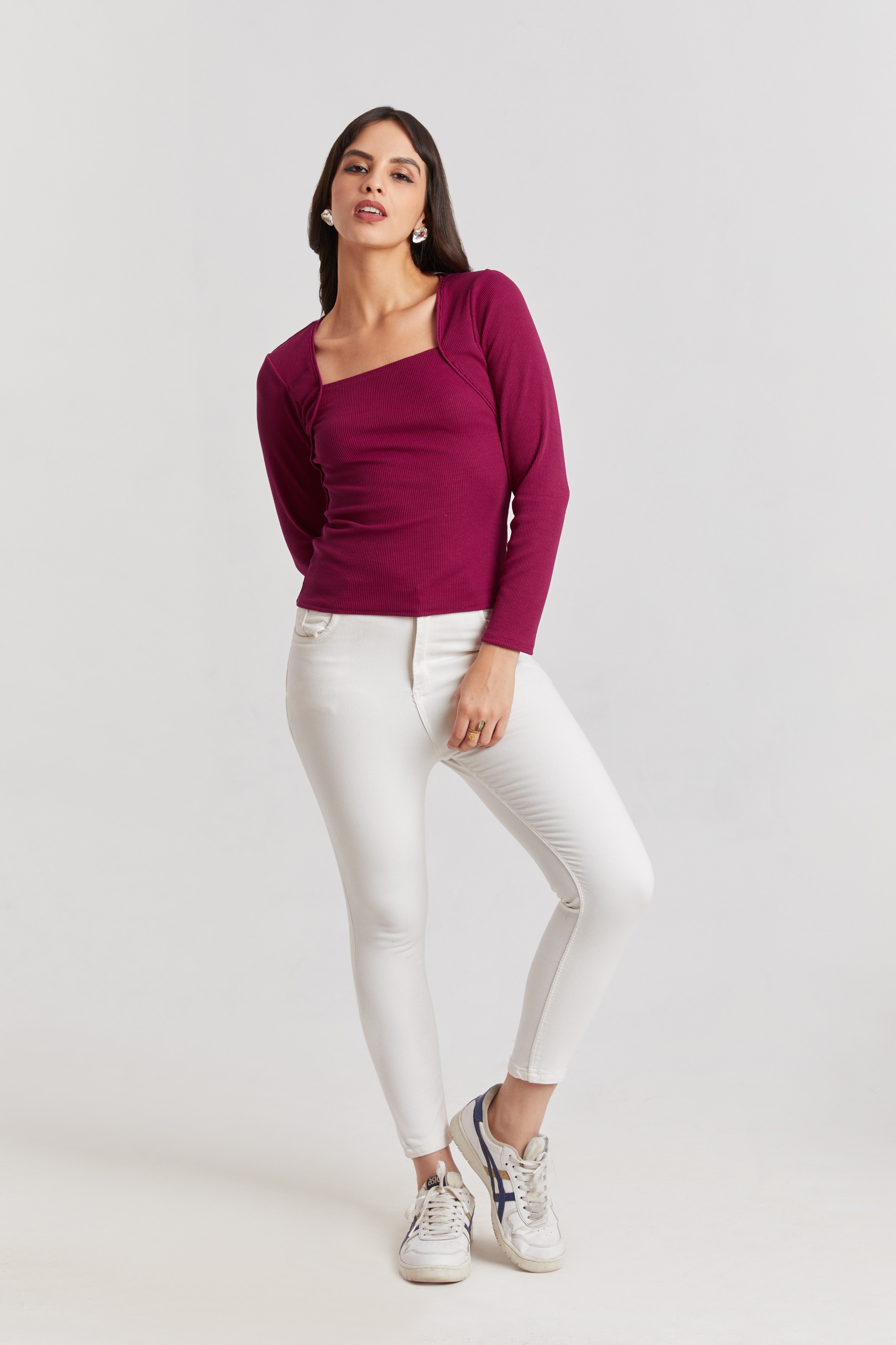 Wine Ribbed Square Neck Top