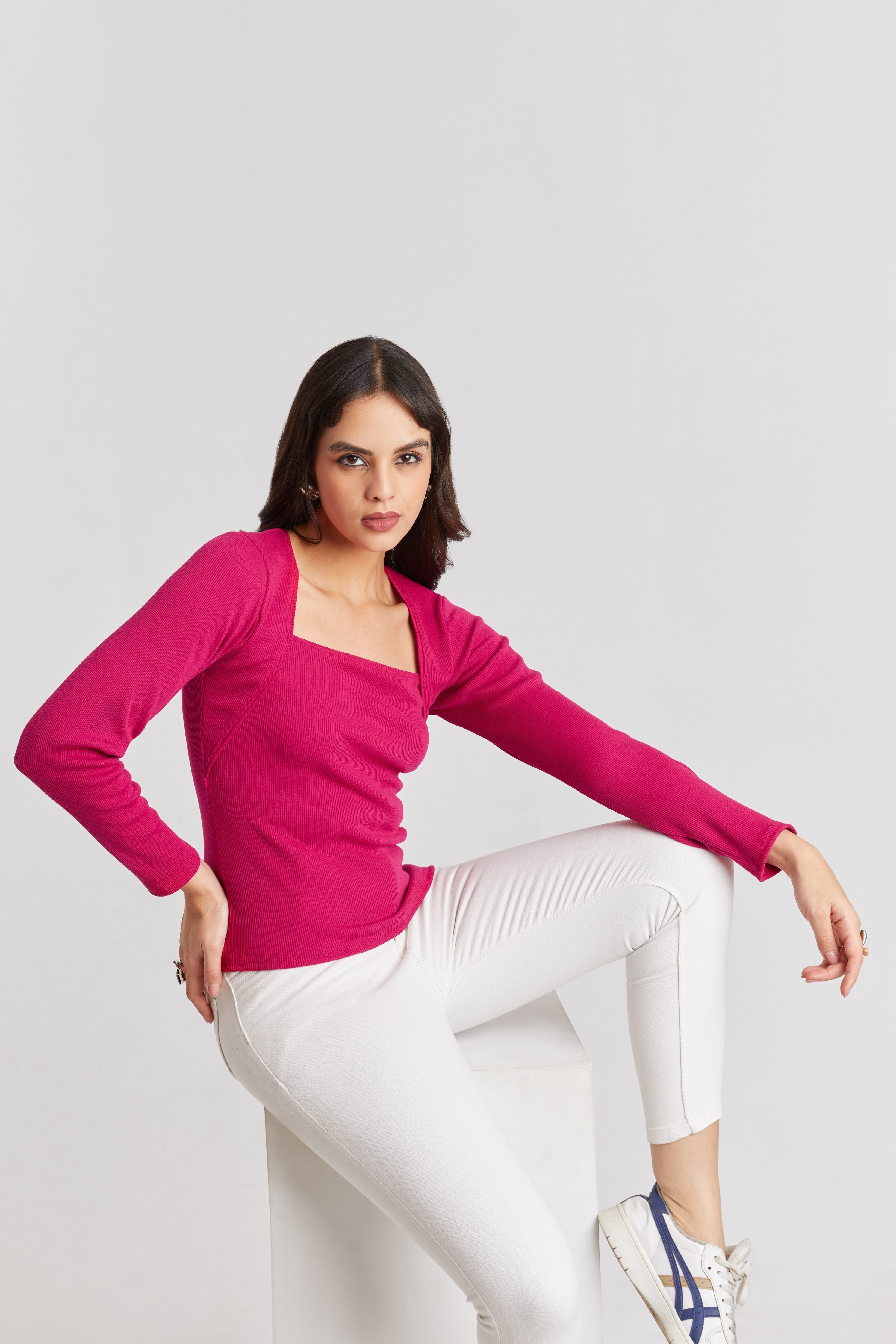 Black Ribbed Square Neck Top