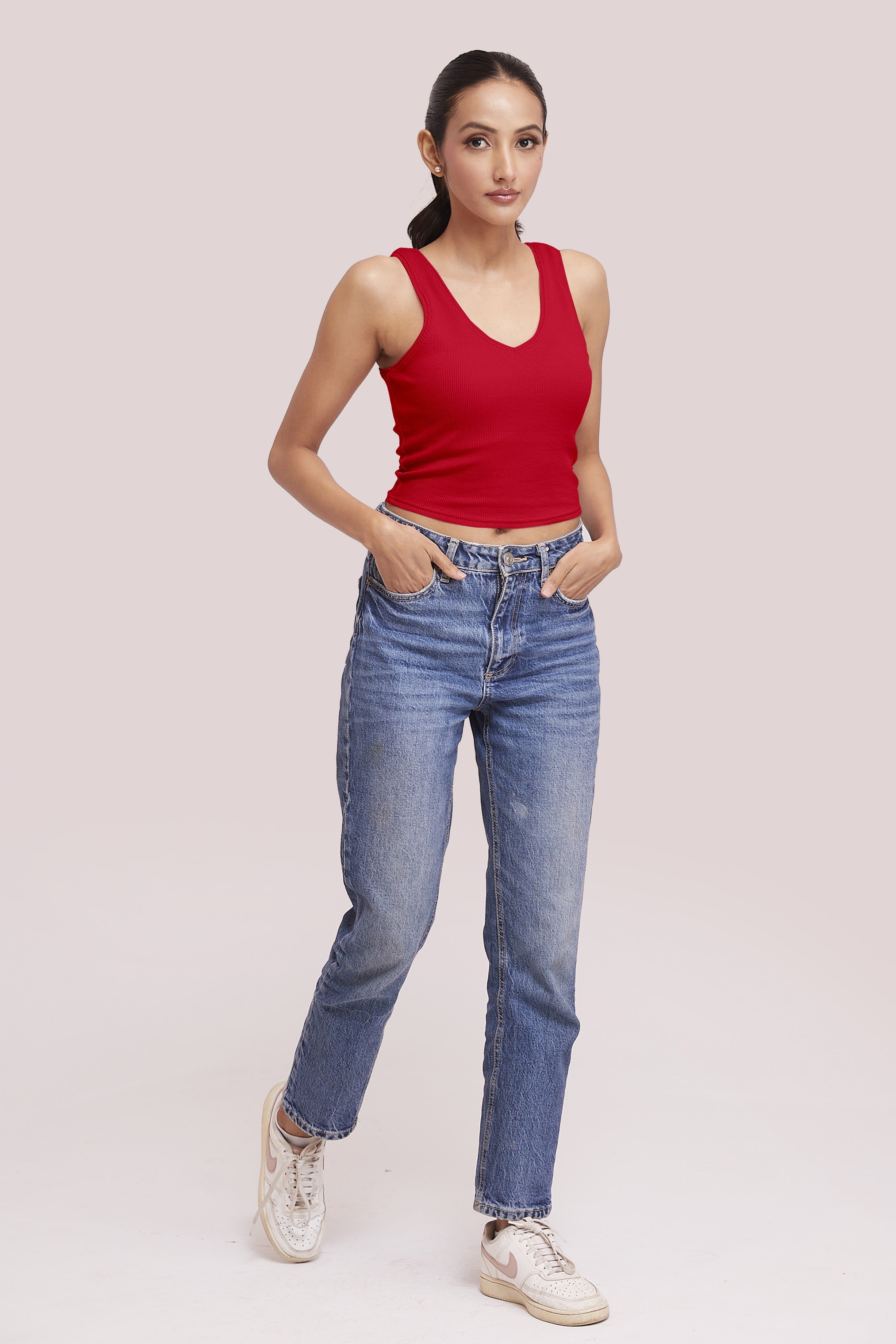 Bright Red Ribbed Scoop Neck Sleeveless Crop Top