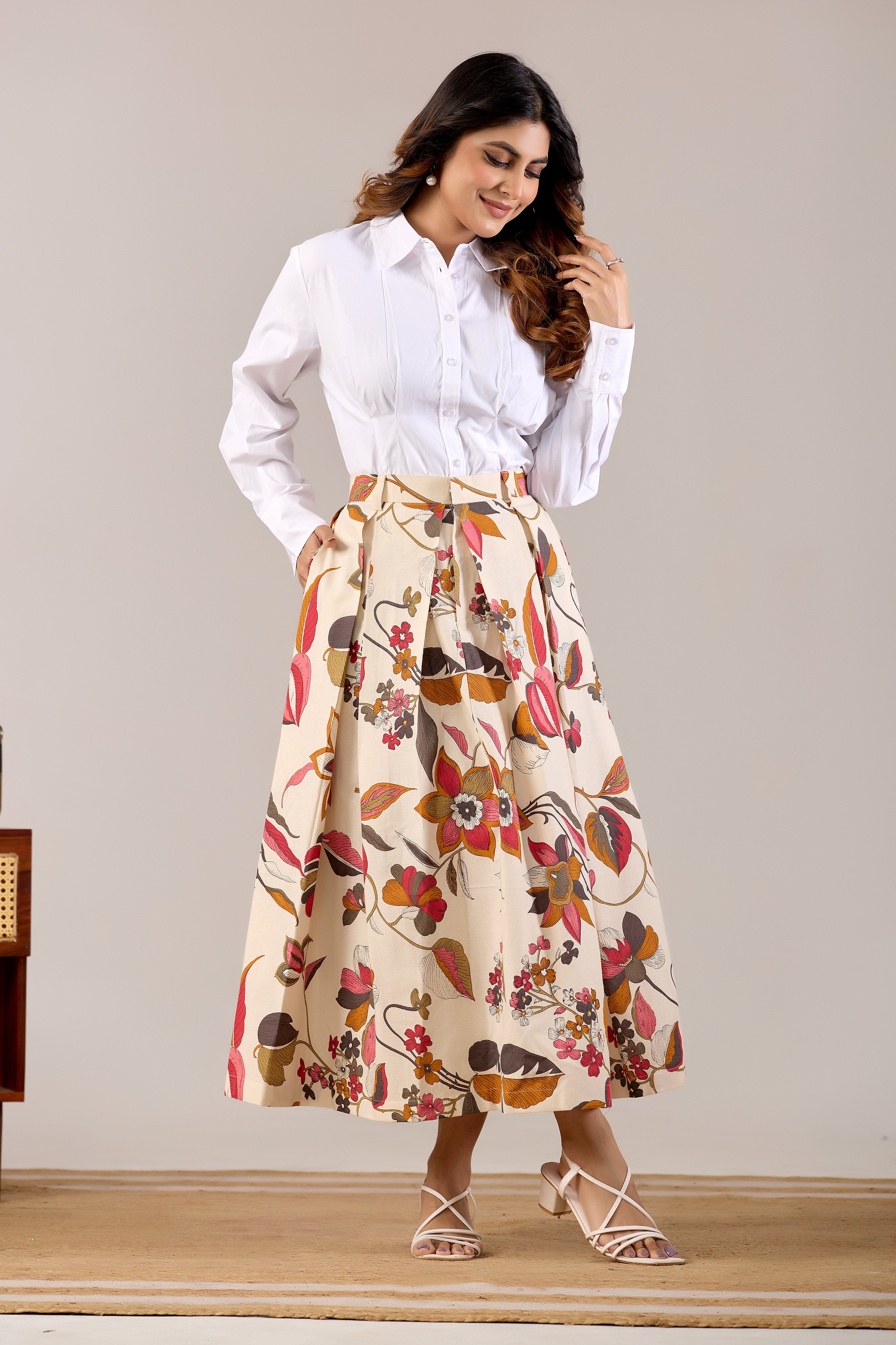 Autumn Bloom Pleated Midi Skirt