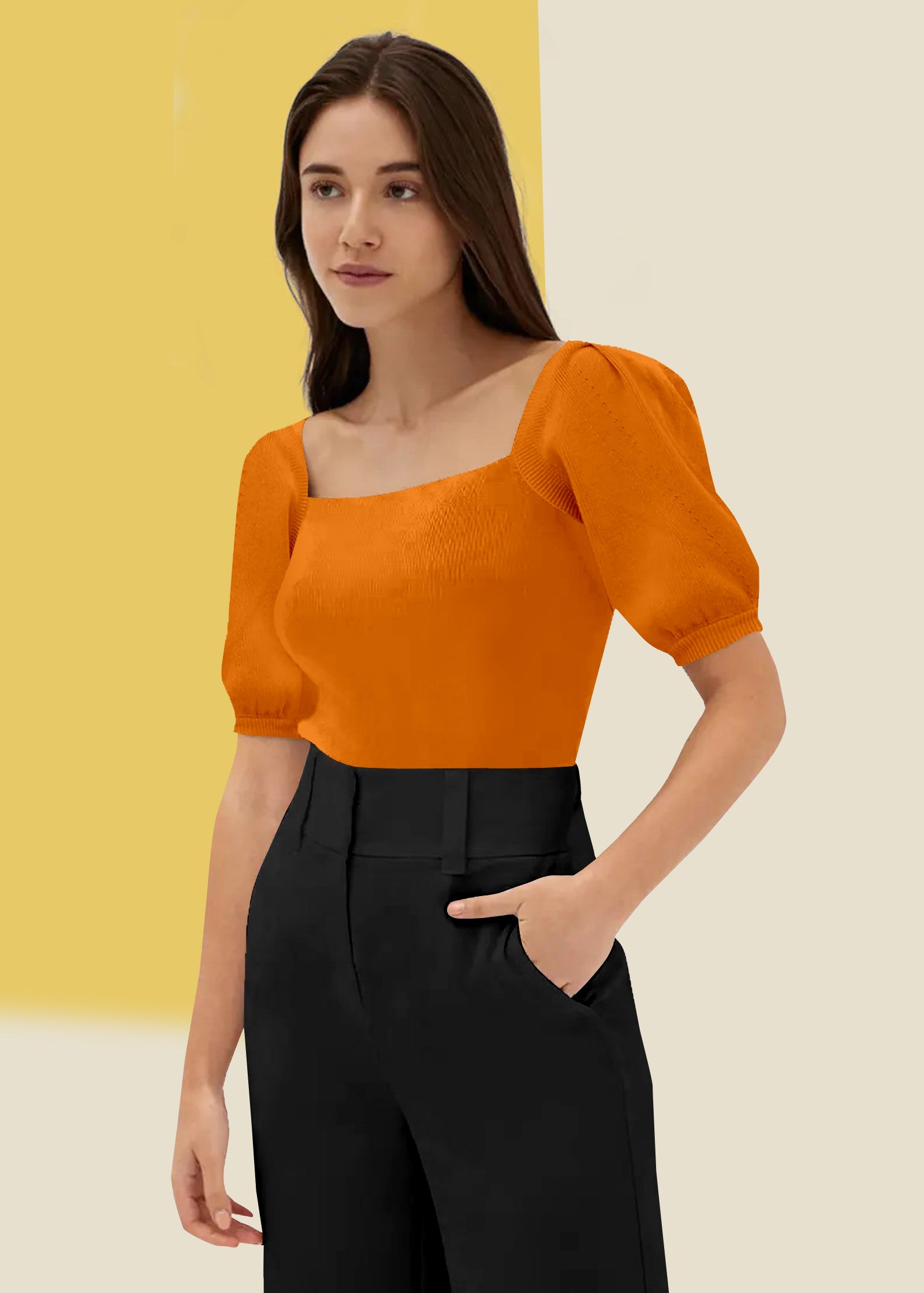 Vibrant Orange Square Neck Ribbed Top