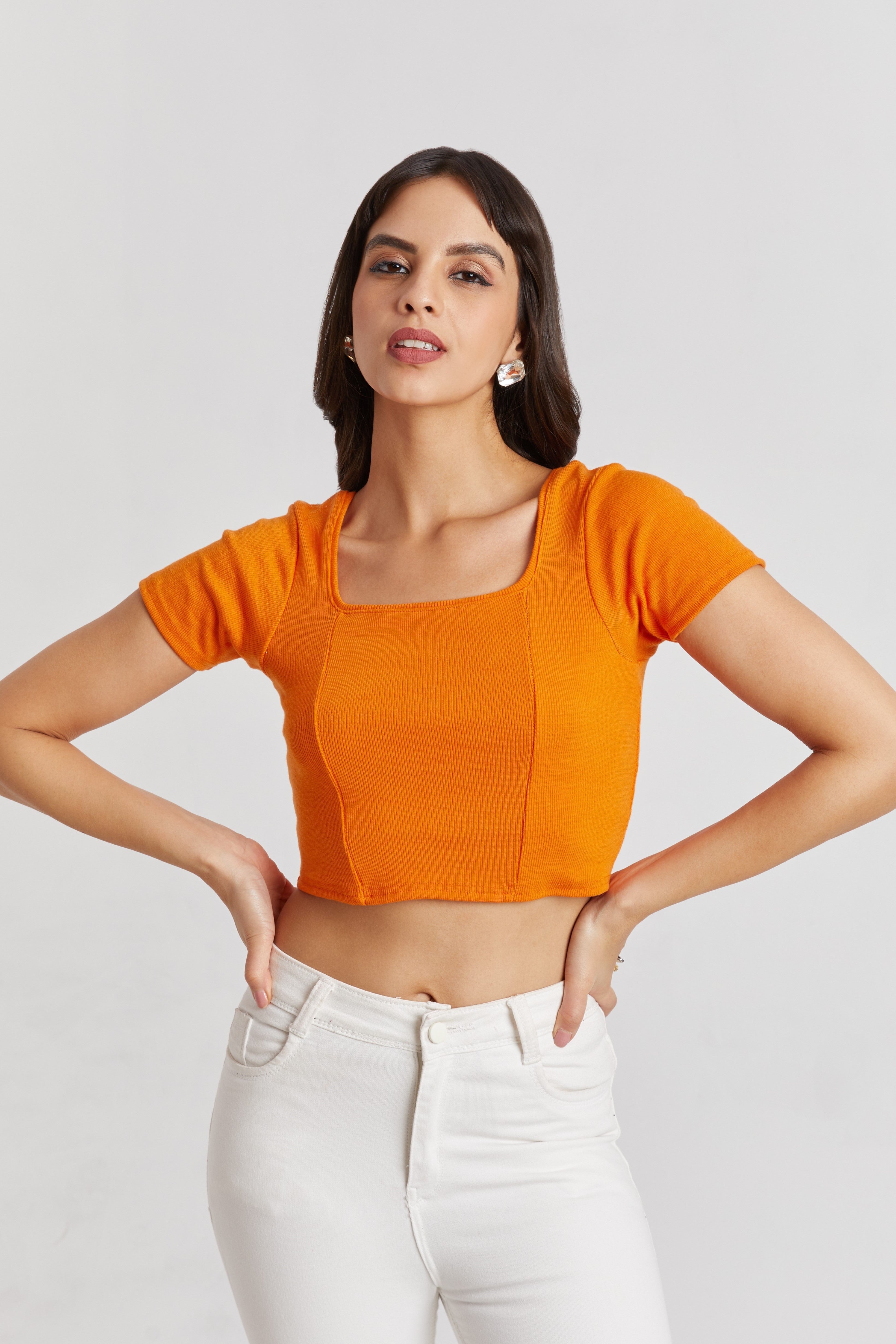 Orange Ribbed Square Neck Crop Top