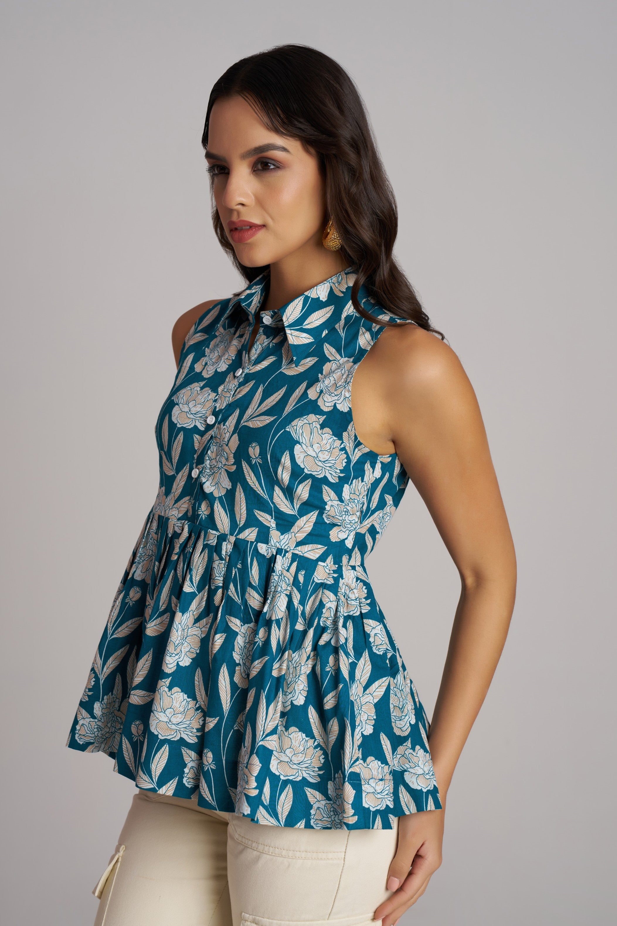 Olive Bloom Sleeveless Peplum Top