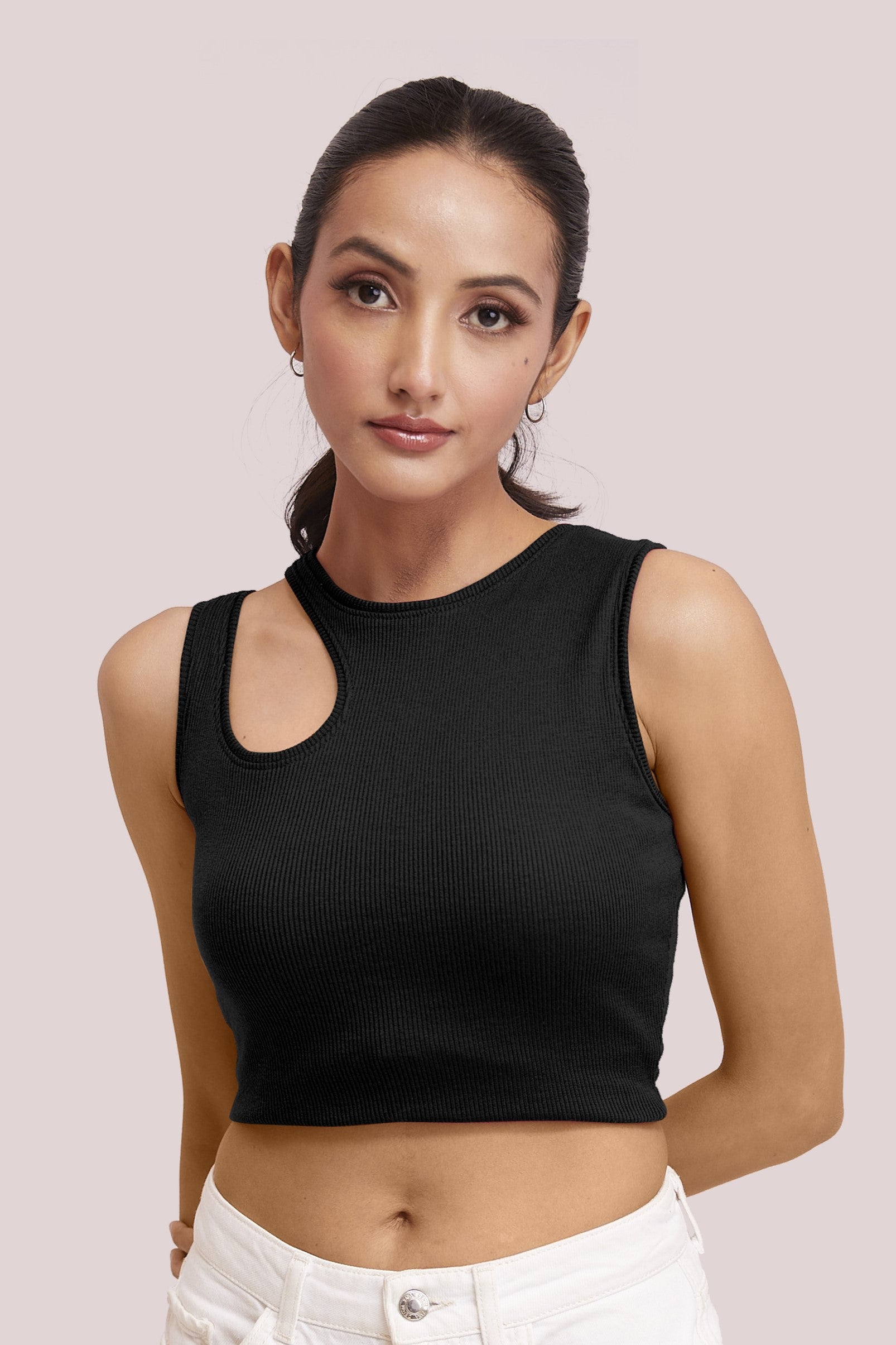 Black & white-Ribbed Sleeveless Cut-Out Tank Top