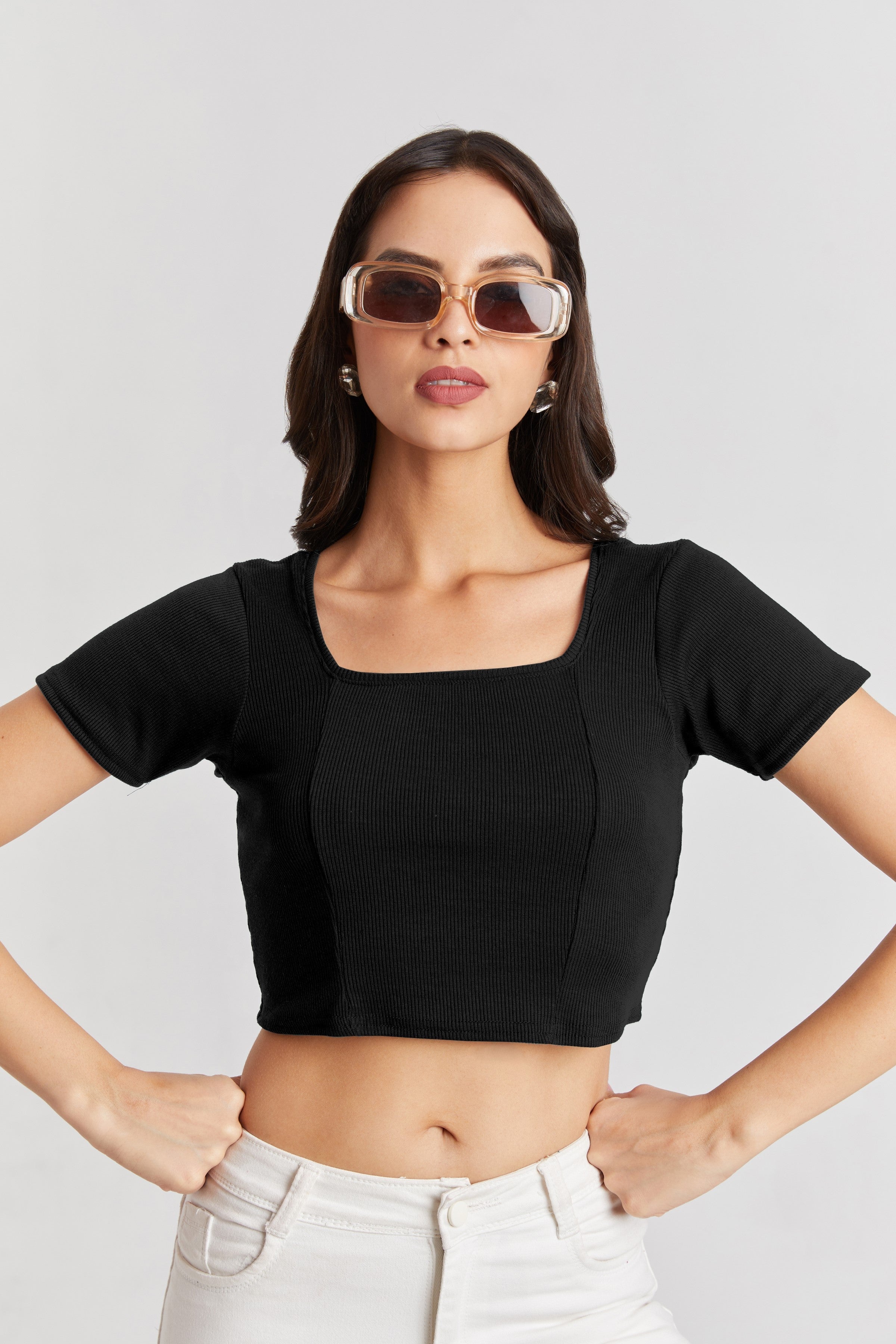 Black Ribbed Square Neck Crop Top
