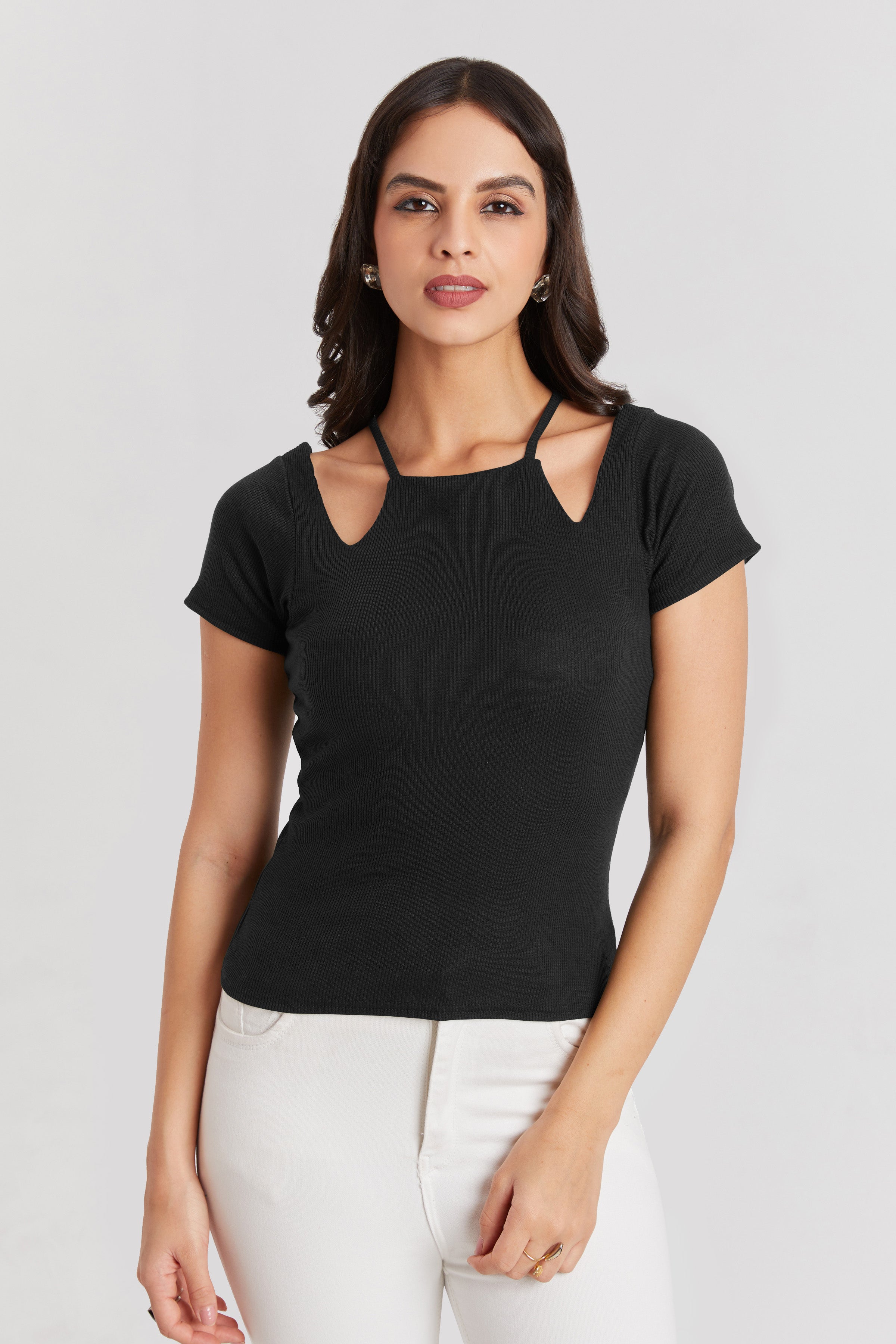 Midnight White Ribbed Cutout Top