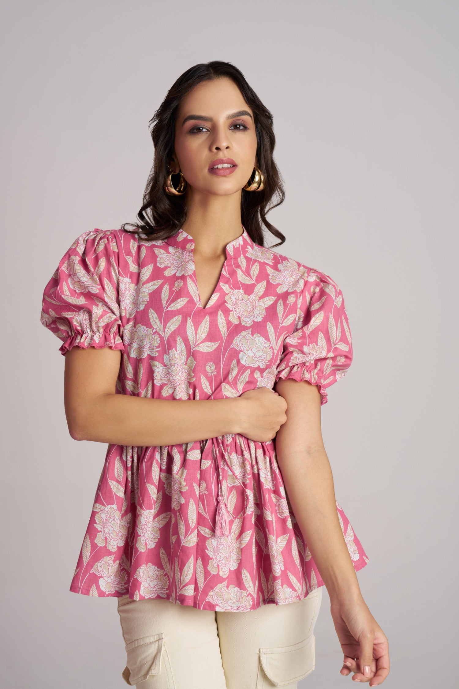 Olive Bloom Puff Sleeve Peplum Top