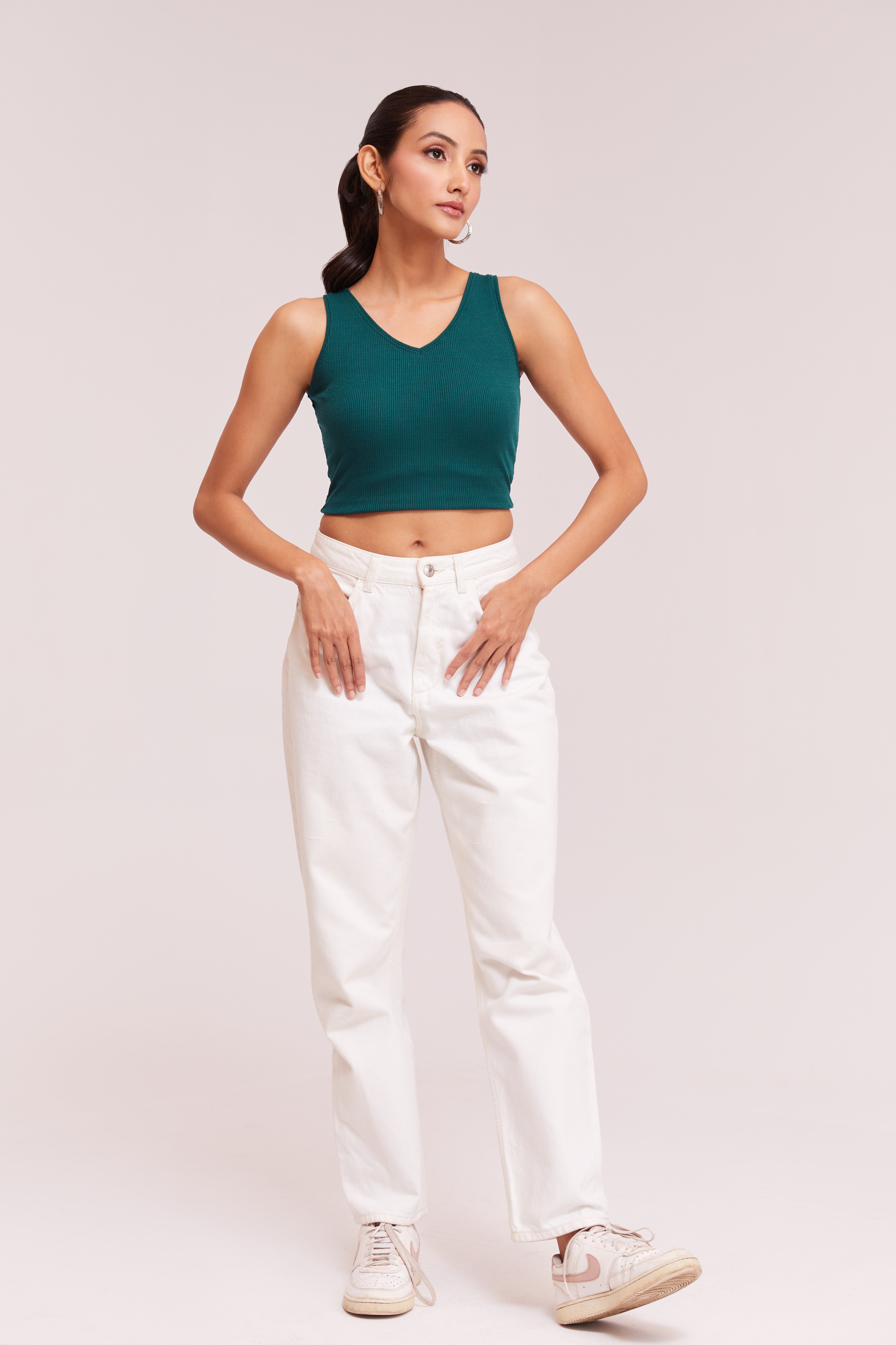 Tail Green Ribbed V-Neck Sleeveless Crop Top