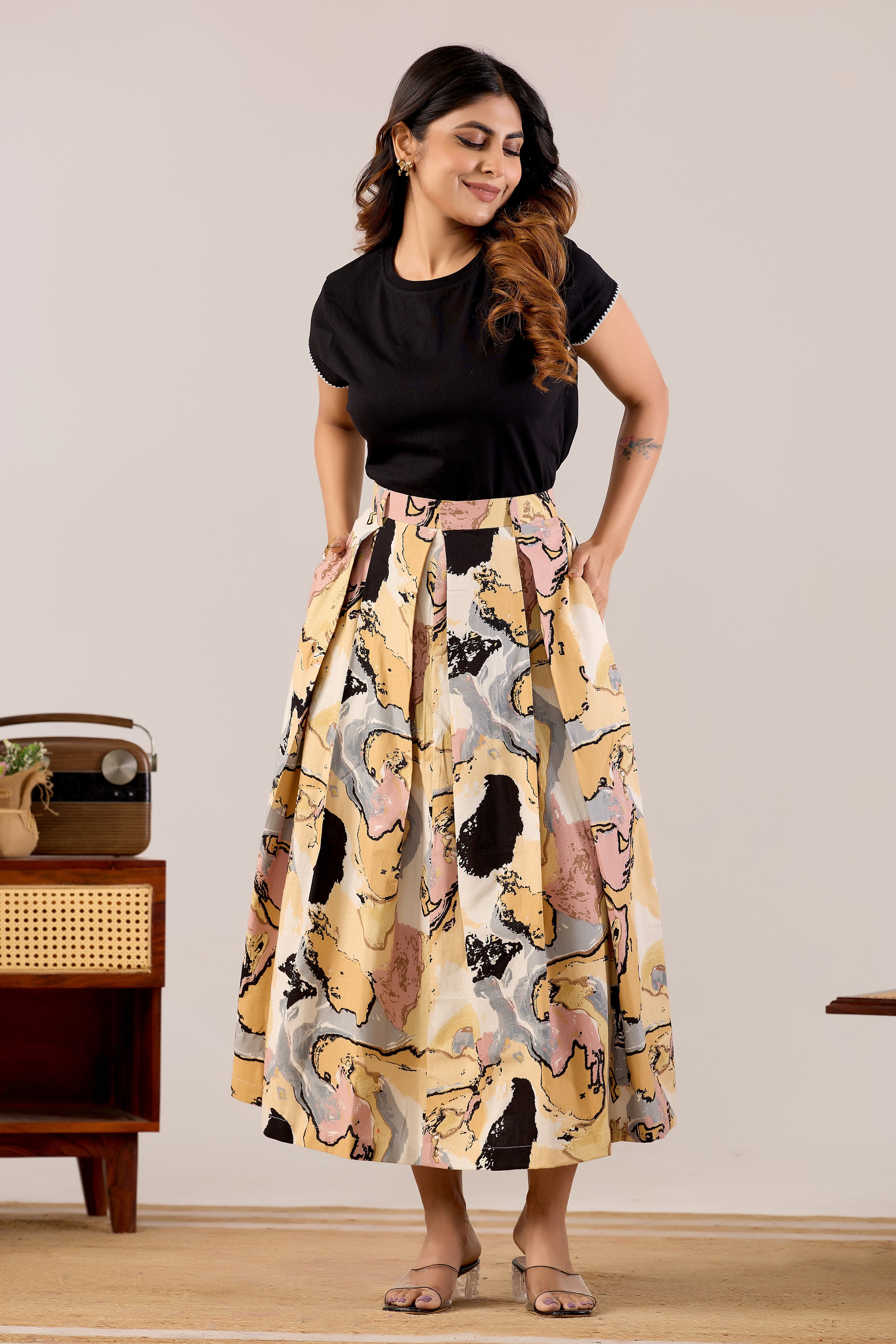 Desert Abstract Pleated Midi Skirt