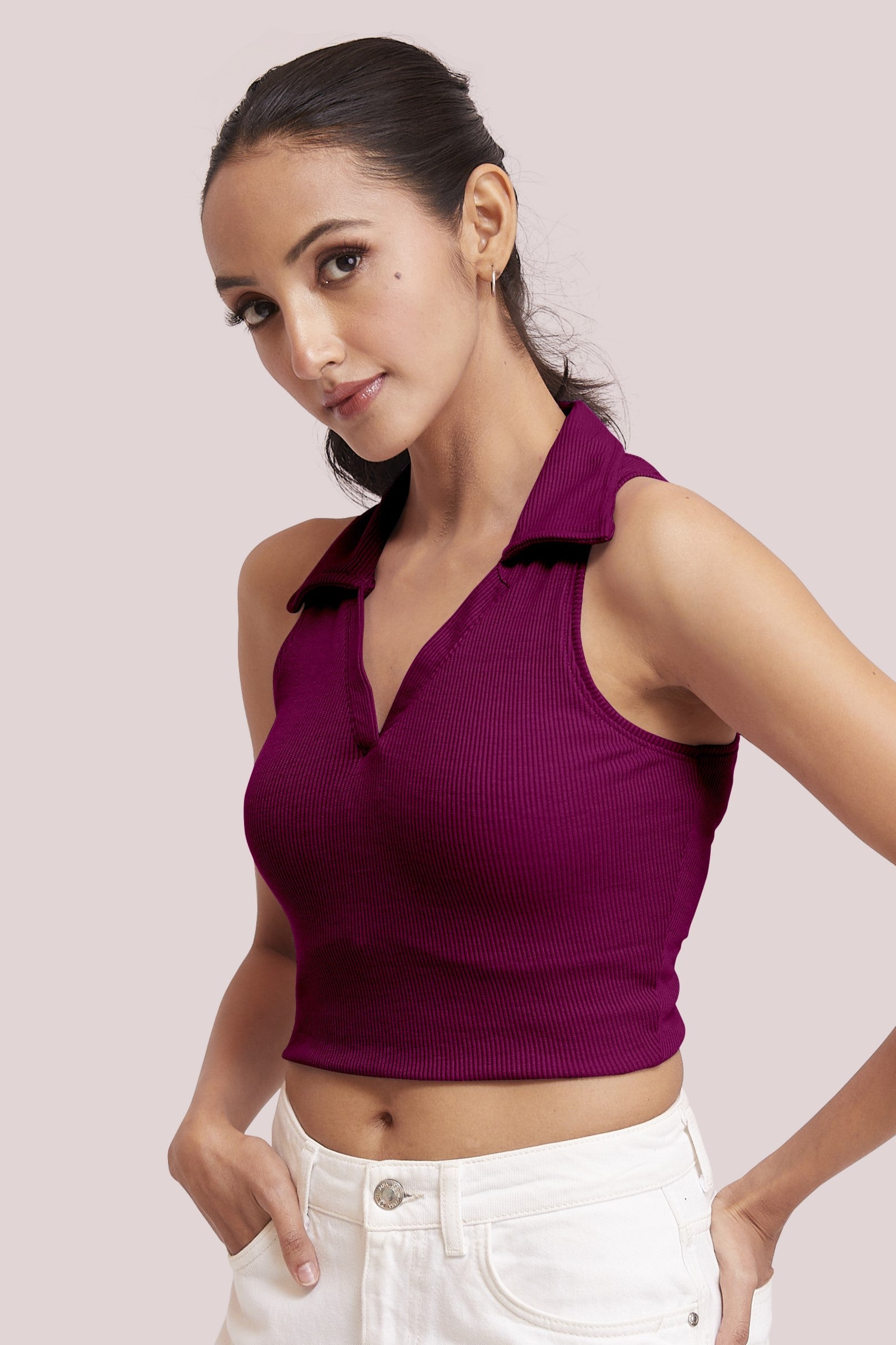 Wine-Ribbed Collared Sleeveless Crop Top