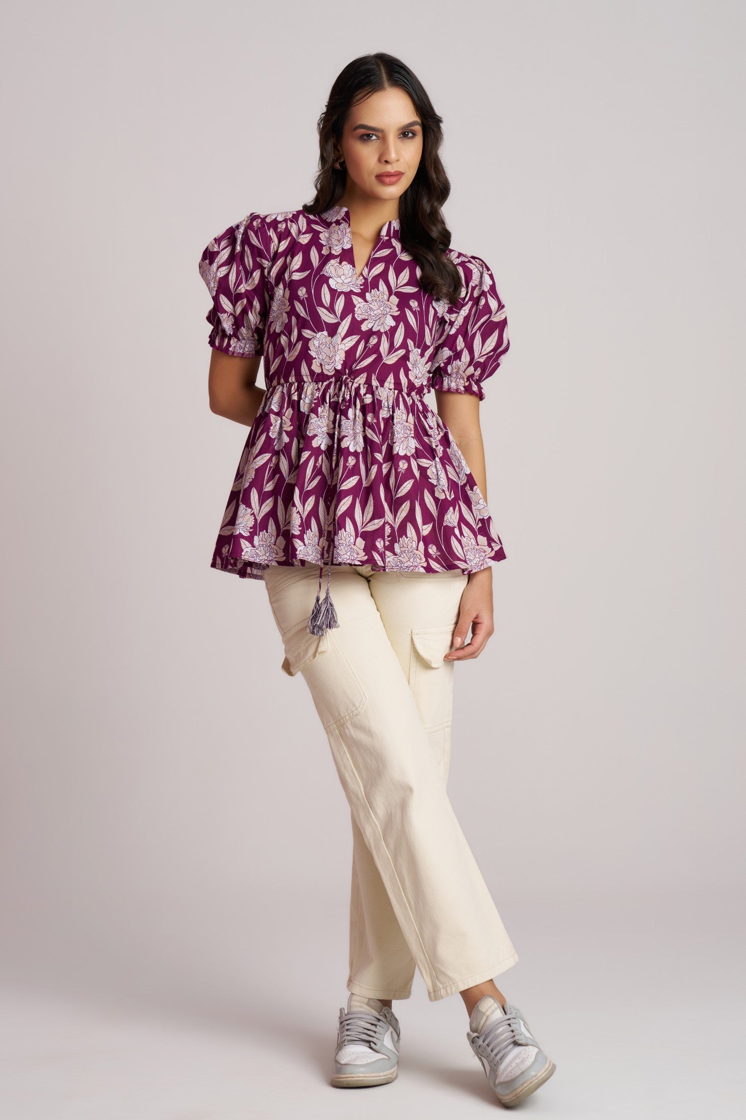 Olive Bloom Puff Sleeve Peplum Top