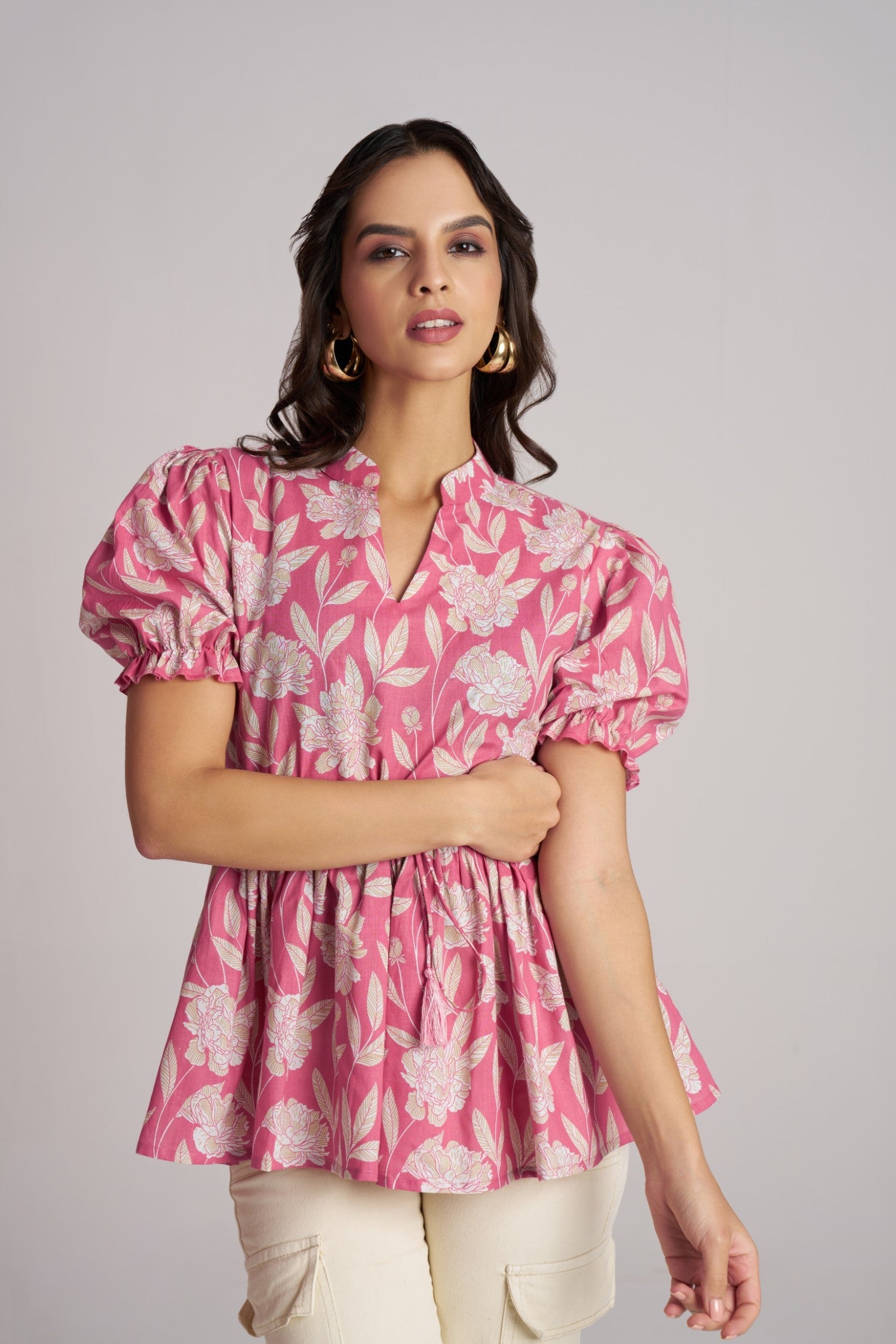 Rose Bloom Puff Sleeve Peplum Top